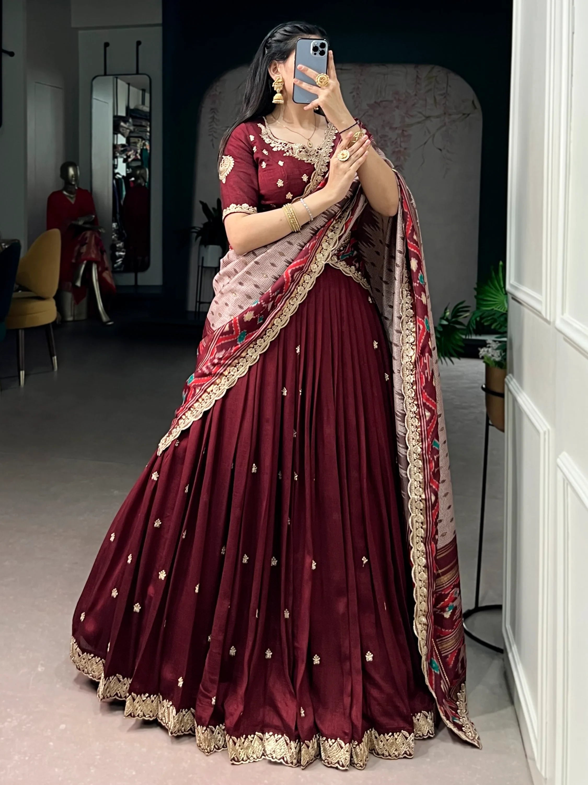 Lovable Maroon Embroidered Silk Wedding Wear Half Saree Lehenga
