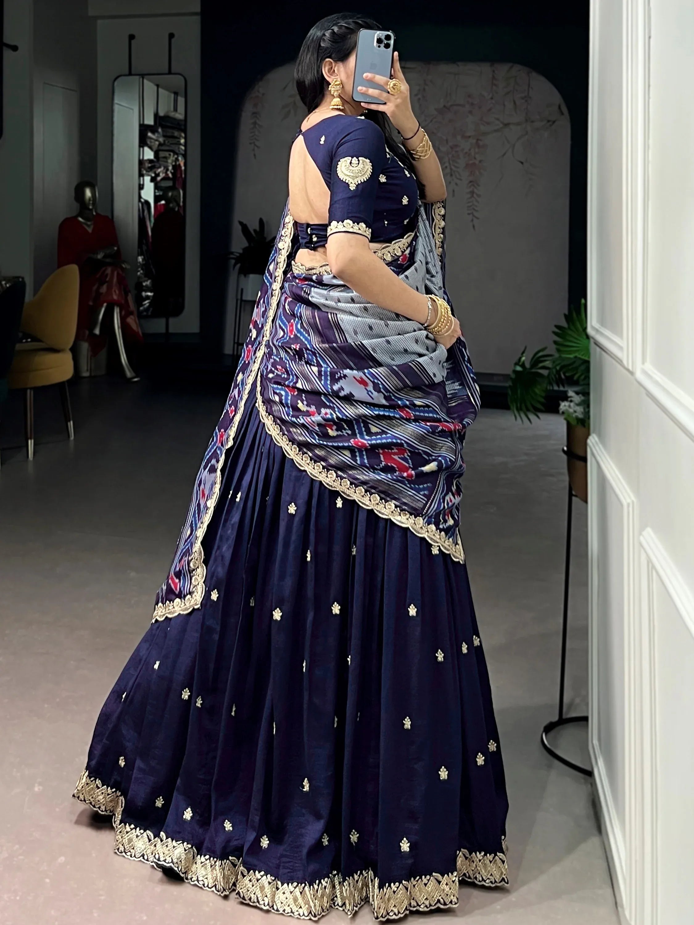 Rich Navy Blue Thread Embroidered Silk Festive Wear Half Saree Lehenga