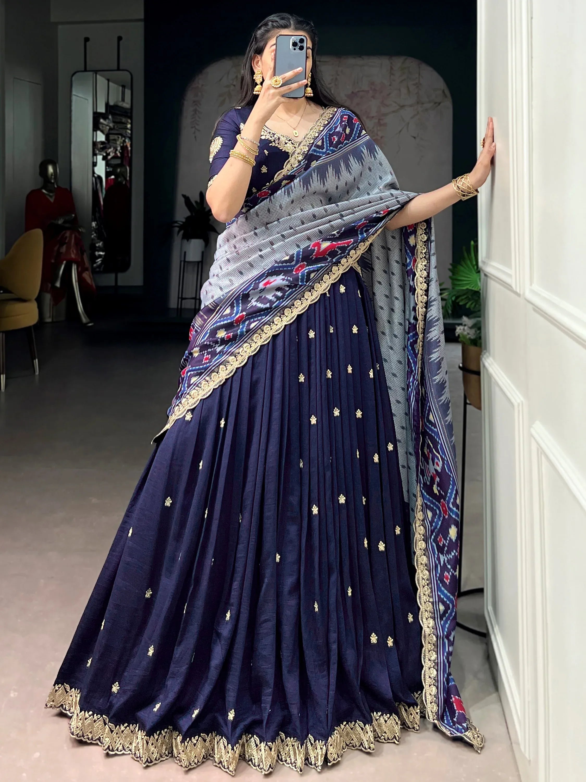 Rich Navy Blue Thread Embroidered Silk Festive Wear Half Saree Lehenga