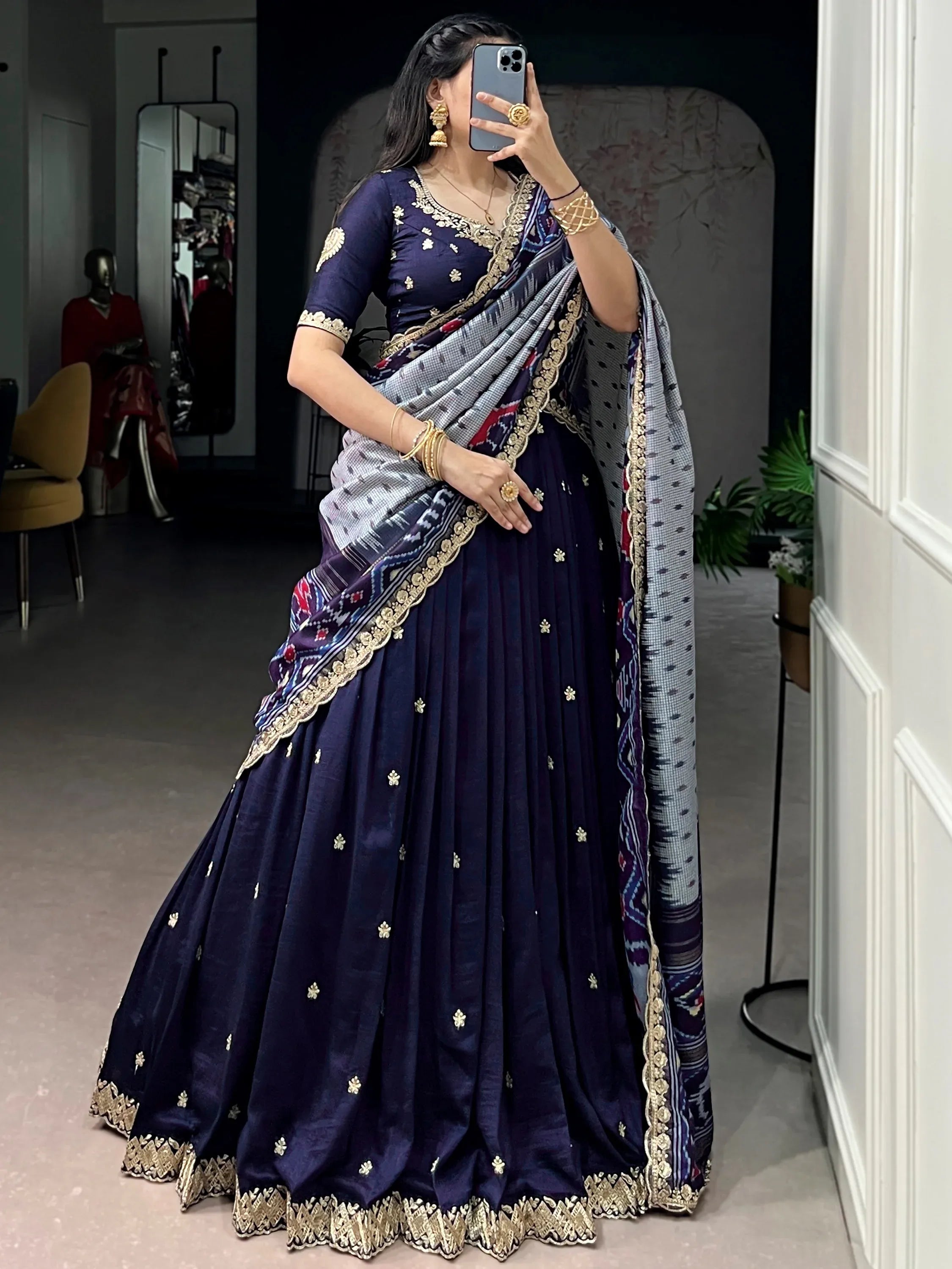 Rich Navy Blue Thread Embroidered Silk Festive Wear Half Saree Lehenga