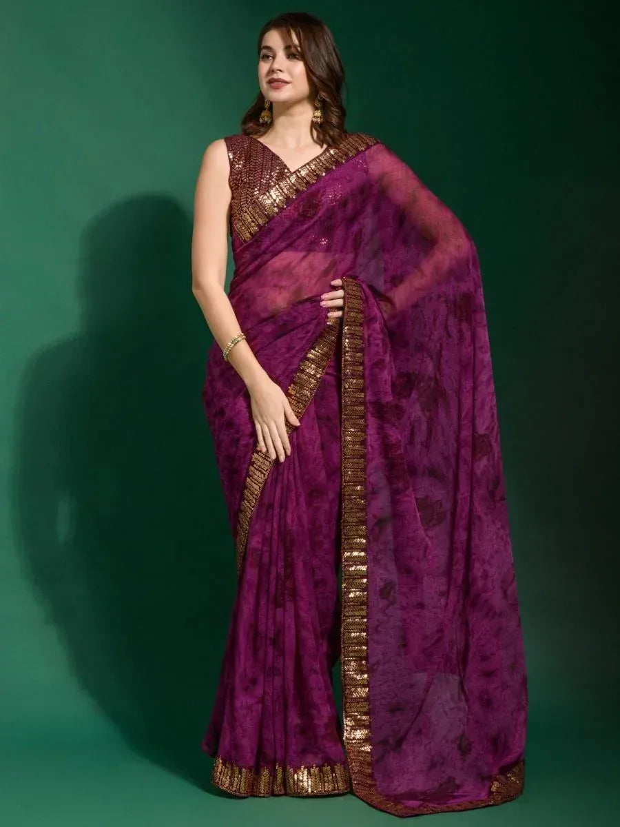 Purple designer saree with gold border and sequin blouse, ethnic Indian wear