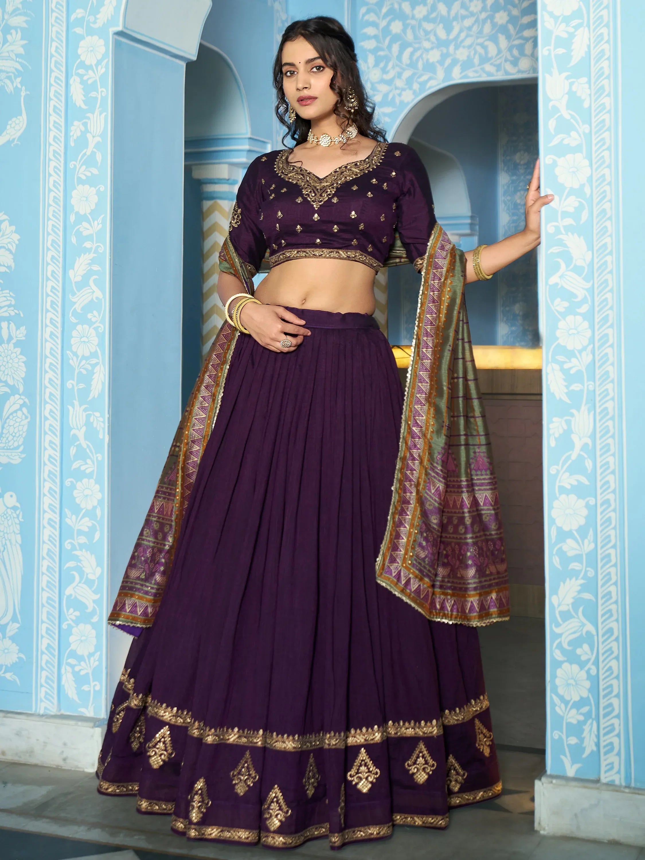 Graceful Purple Thread Work Silk Festive Wear Lehenga Choli With Dupatta
