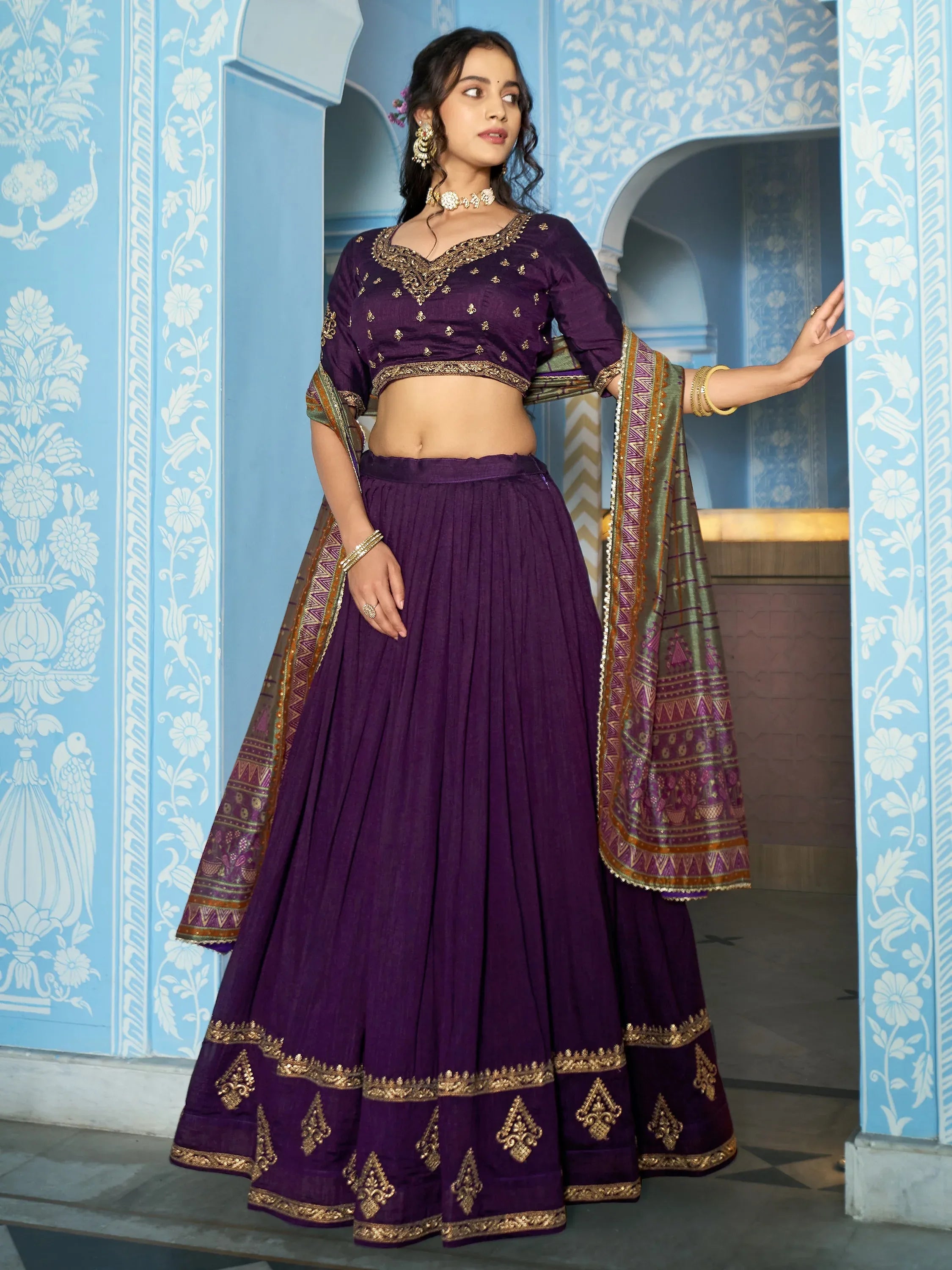 Graceful Purple Thread Work Silk Festive Wear Lehenga Choli With Dupatta