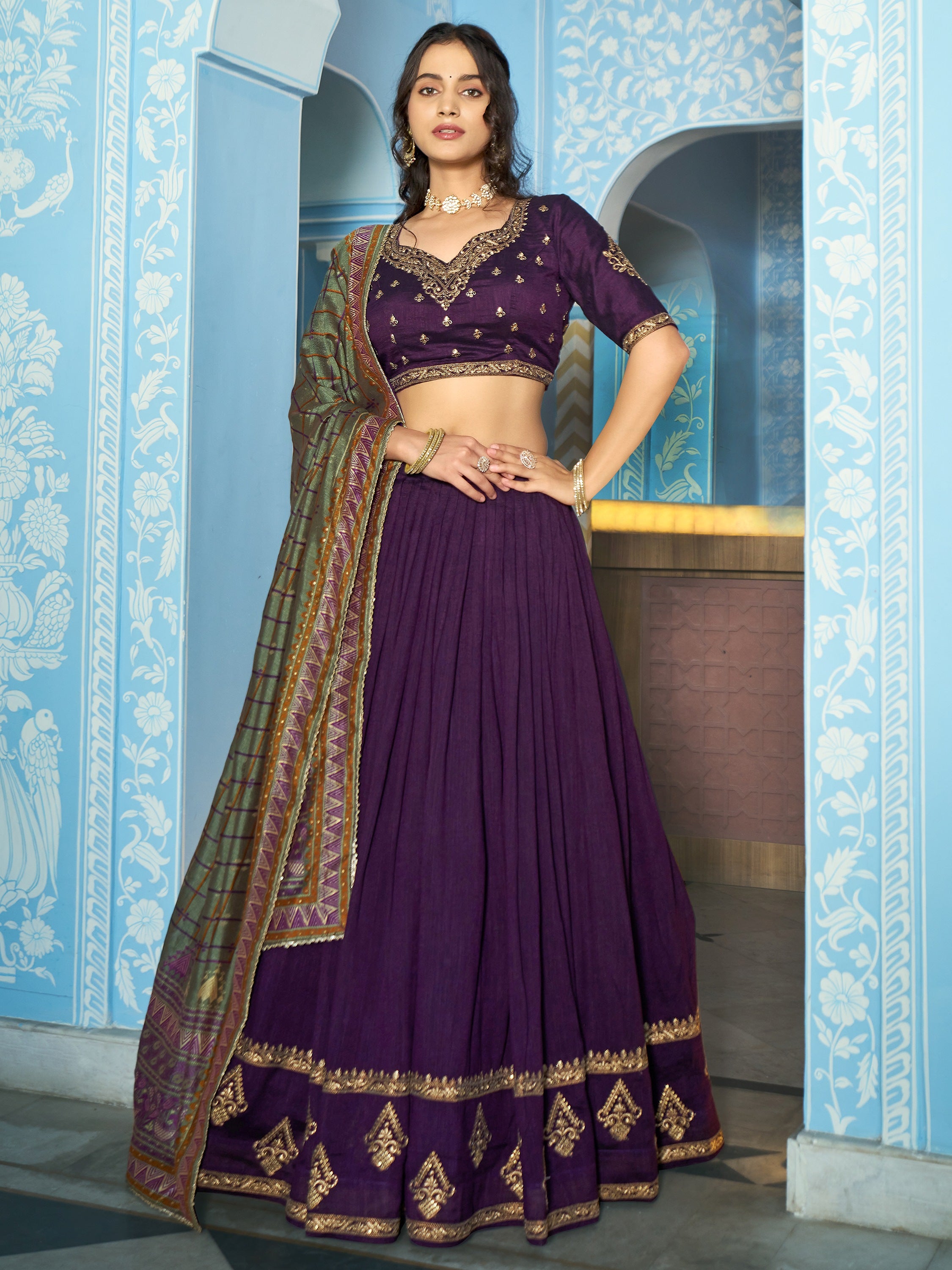 Graceful Purple Thread Work Silk Festive Wear Lehenga Choli With Dupatta
