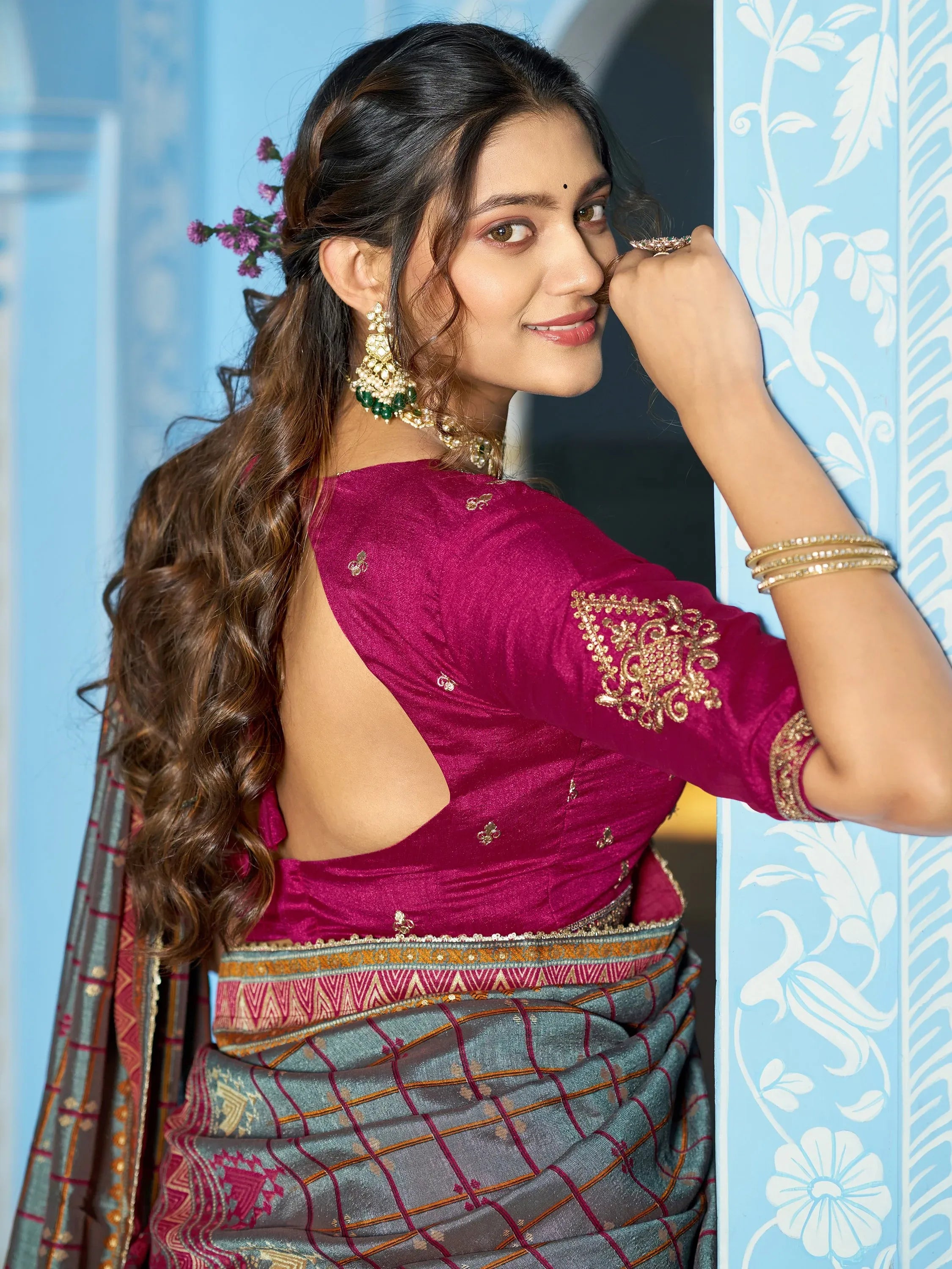 Glowing Pink Thread Embroidered Silk Traditional Lehenga With Blouse