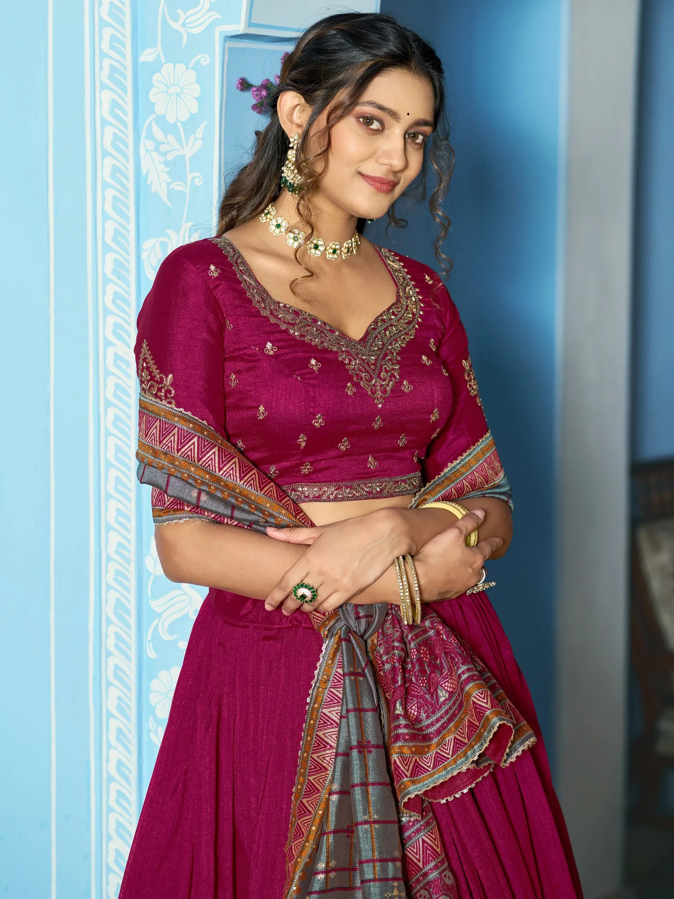 Glowing Pink Thread Embroidered Silk Traditional Lehenga With Blouse