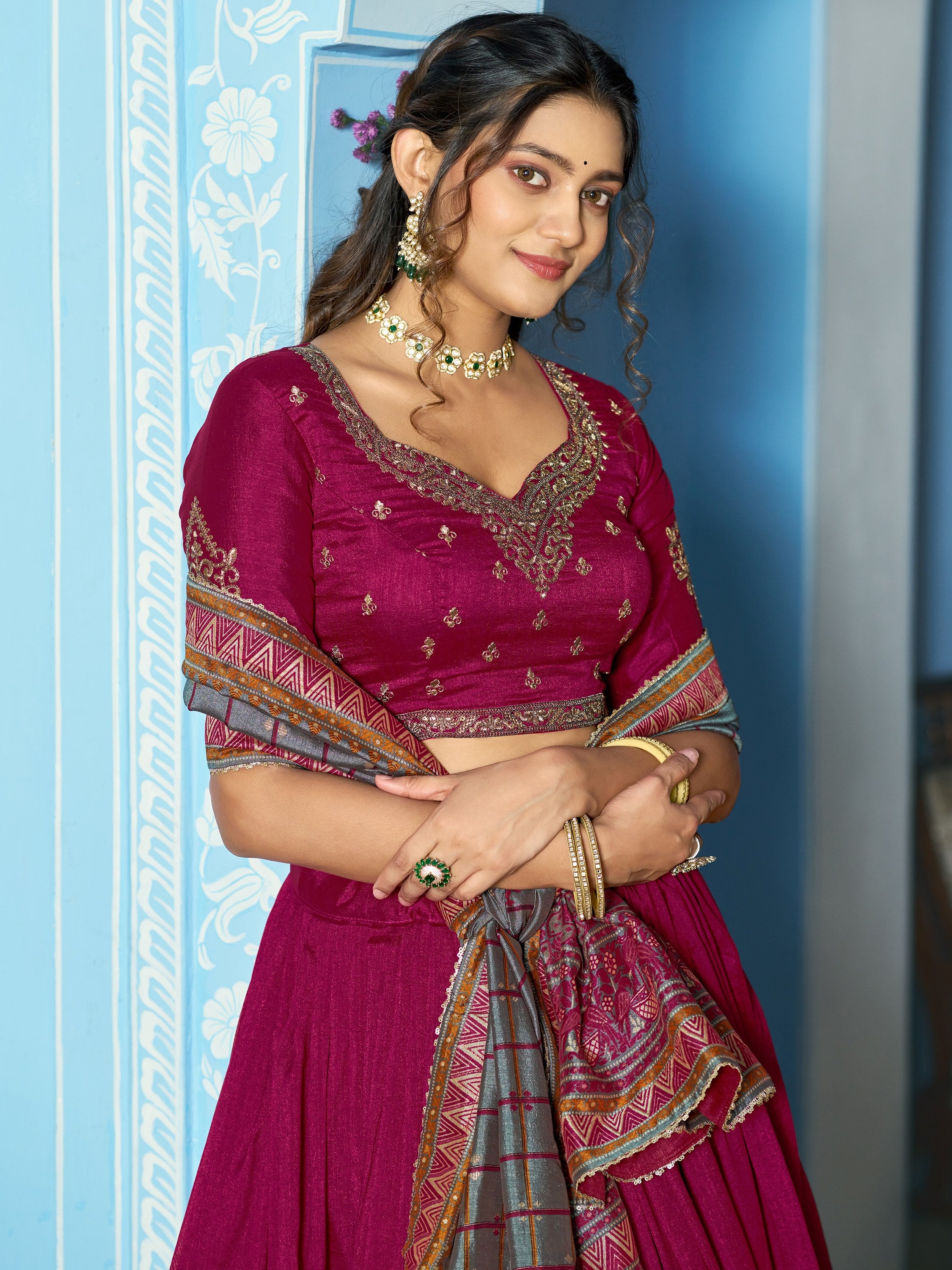 Glowing Pink Thread Embroidered Silk Traditional Lehenga With Blouse