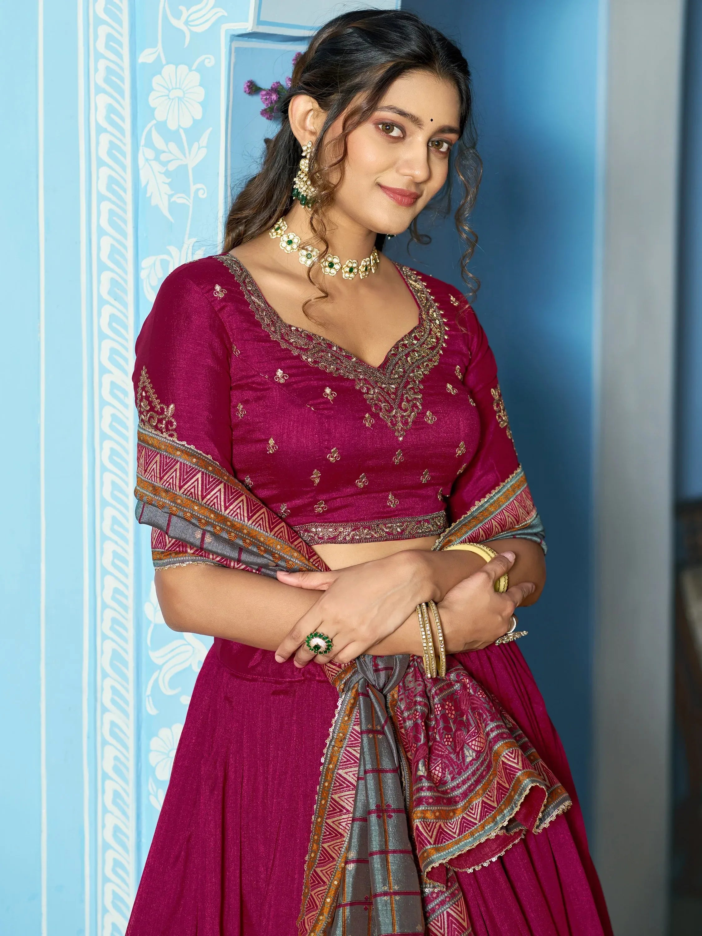 Glowing Pink Thread Embroidered Silk Traditional Lehenga With Blouse