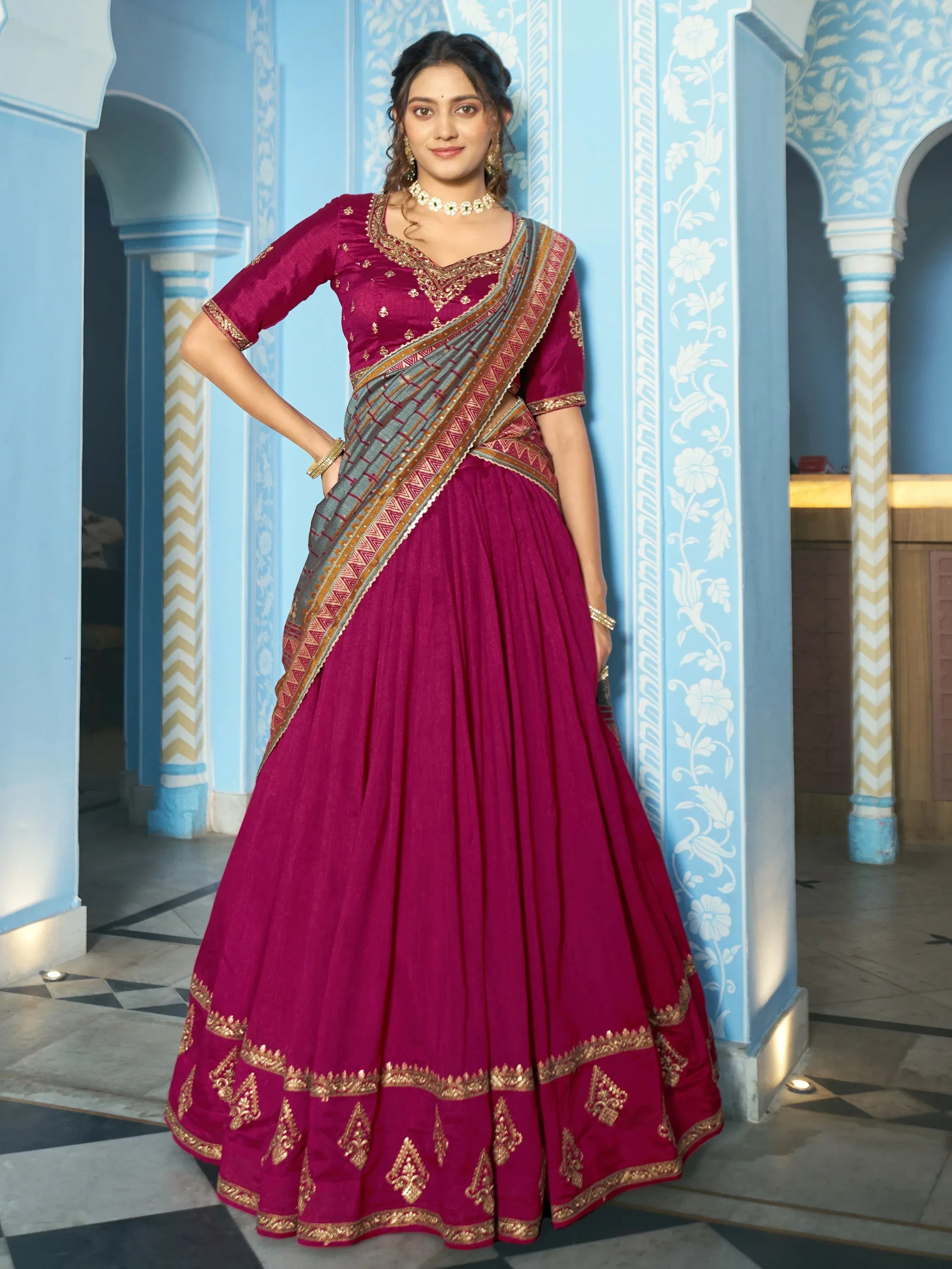 Glowing Pink Thread Embroidered Silk Traditional Lehenga With Blouse