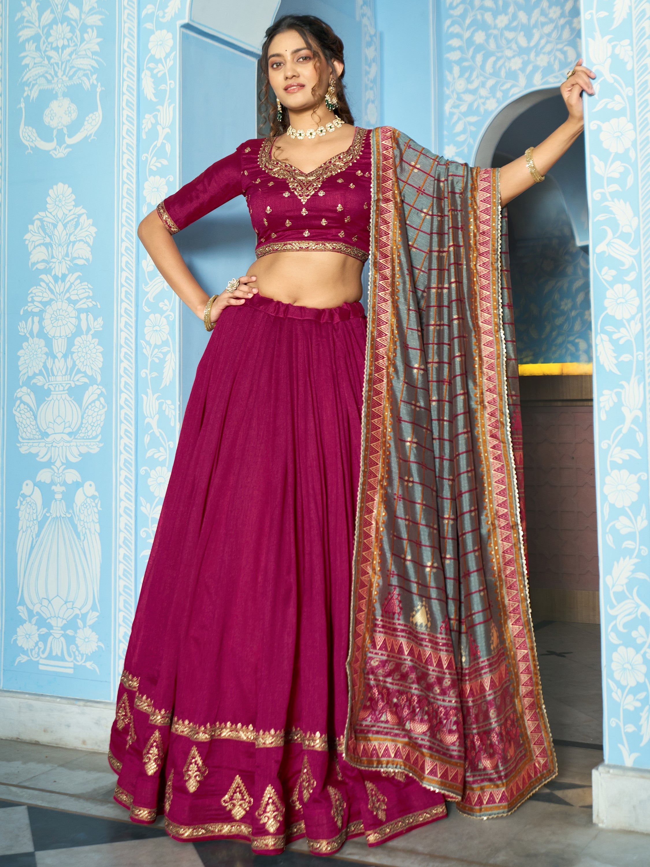 Glowing Pink Thread Embroidered Silk Traditional Lehenga With Blouse