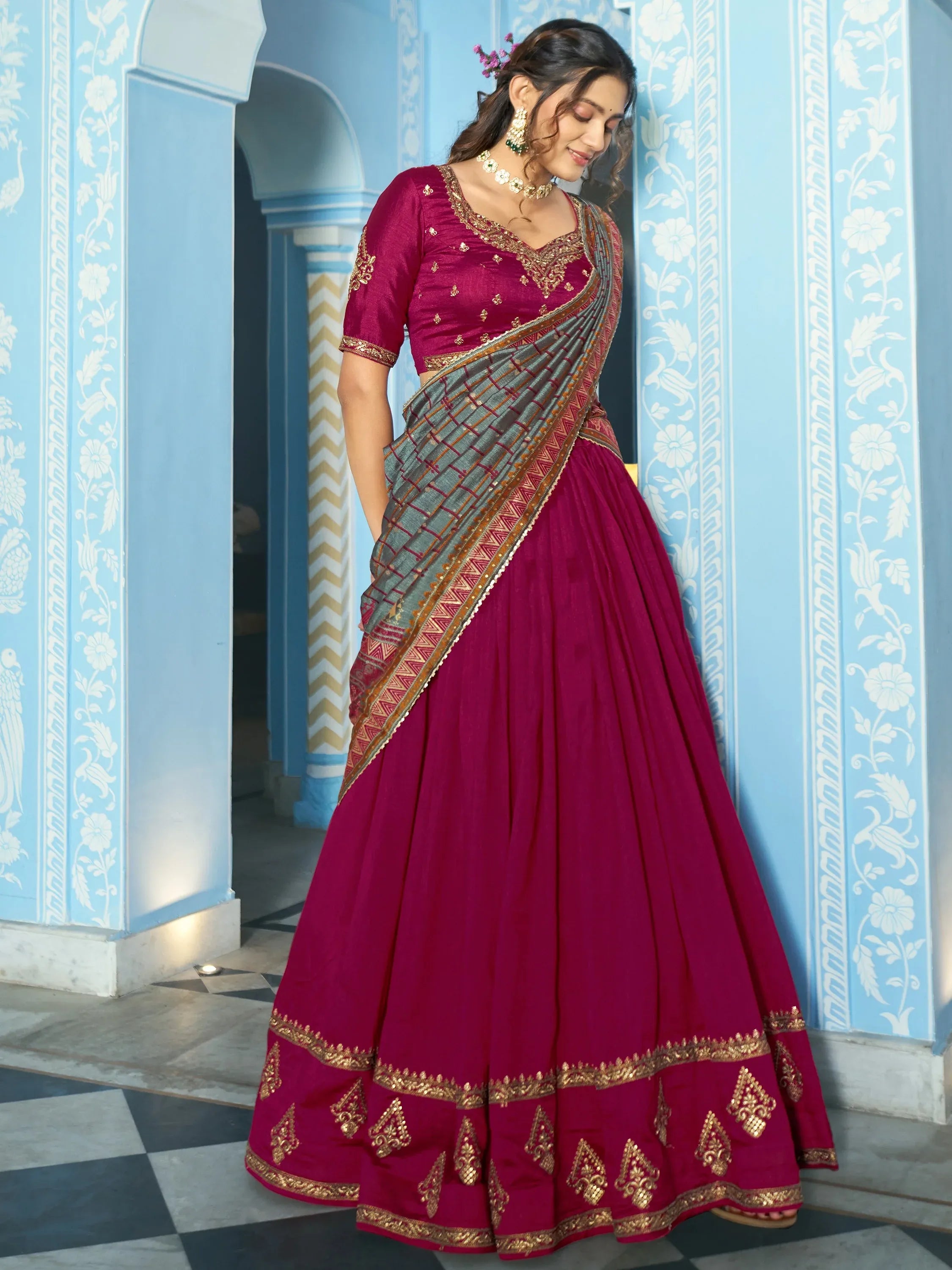 Glowing Pink Thread Embroidered Silk Traditional Lehenga With Blouse