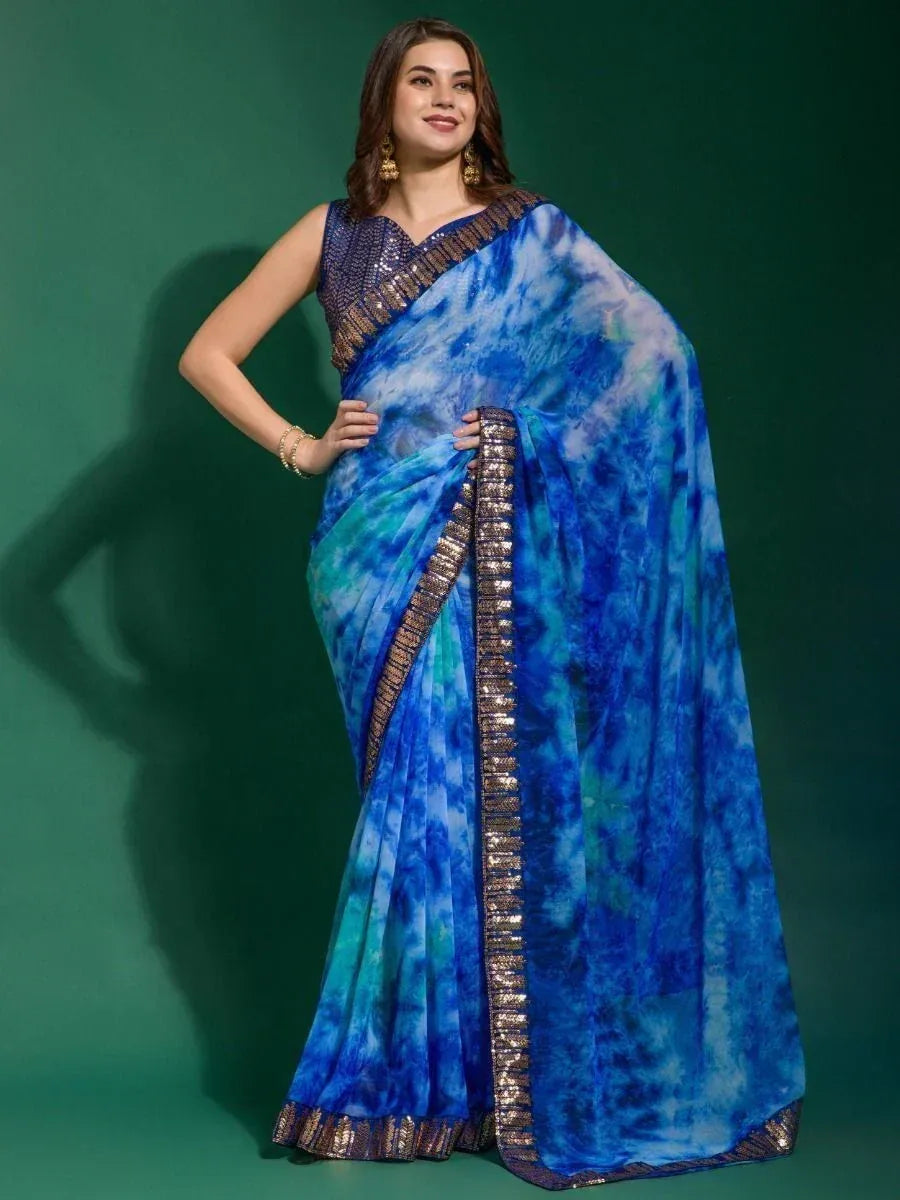 Blue tie-dye saree with sequin border and sleeveless blouse, Indian ethnic wear