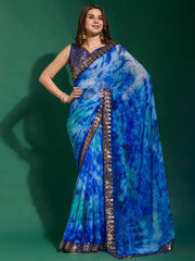Ravishing Sky Blue Shibori Print Chiffon Saree With sequins Blouse