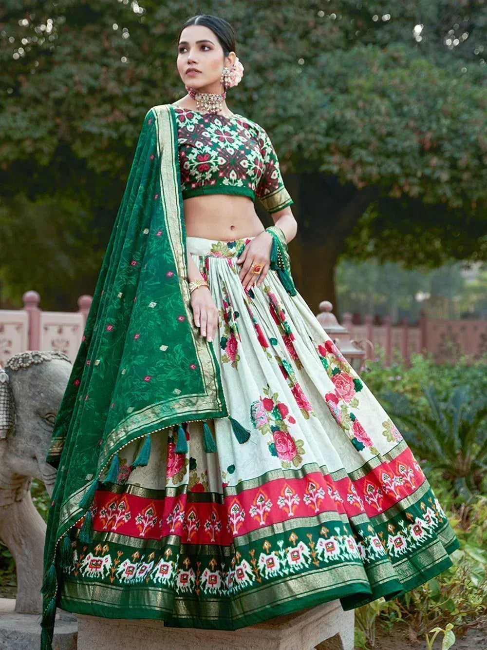 Green and white floral lehenga choli with embroidered dupatta, perfect for Indian ethnic occasions