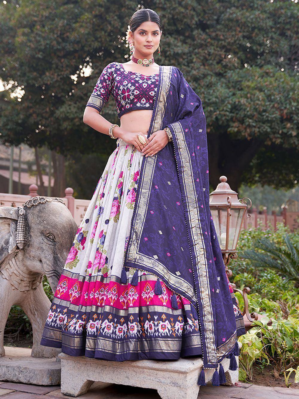 Purple and white floral lehenga choli with embroidered dupatta, perfect for Indian ethnic occasions