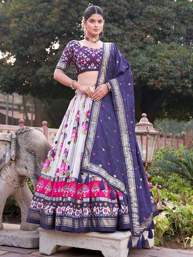 Adorable Grey & Navy Blue Patola Printed Tussar Silk Lehenga Choli