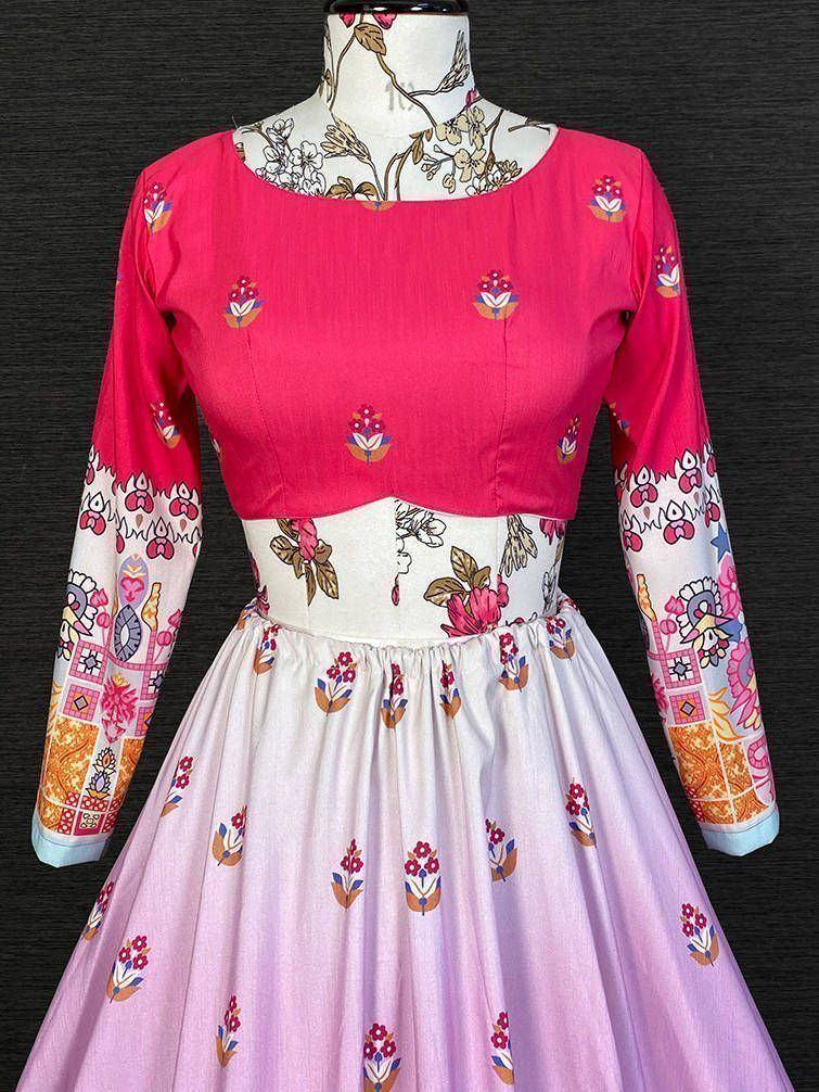 Pink and white floral print ethnic gown with long sleeves, perfect for Indian occasions and festive wear.