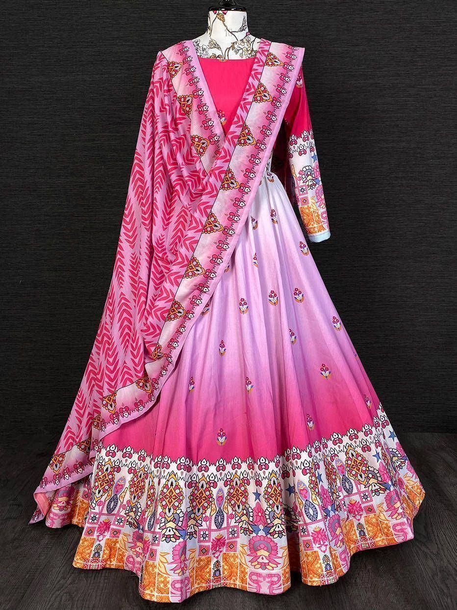 Pink ombre lehenga choli with printed dupatta, ethnic Indian wear for women