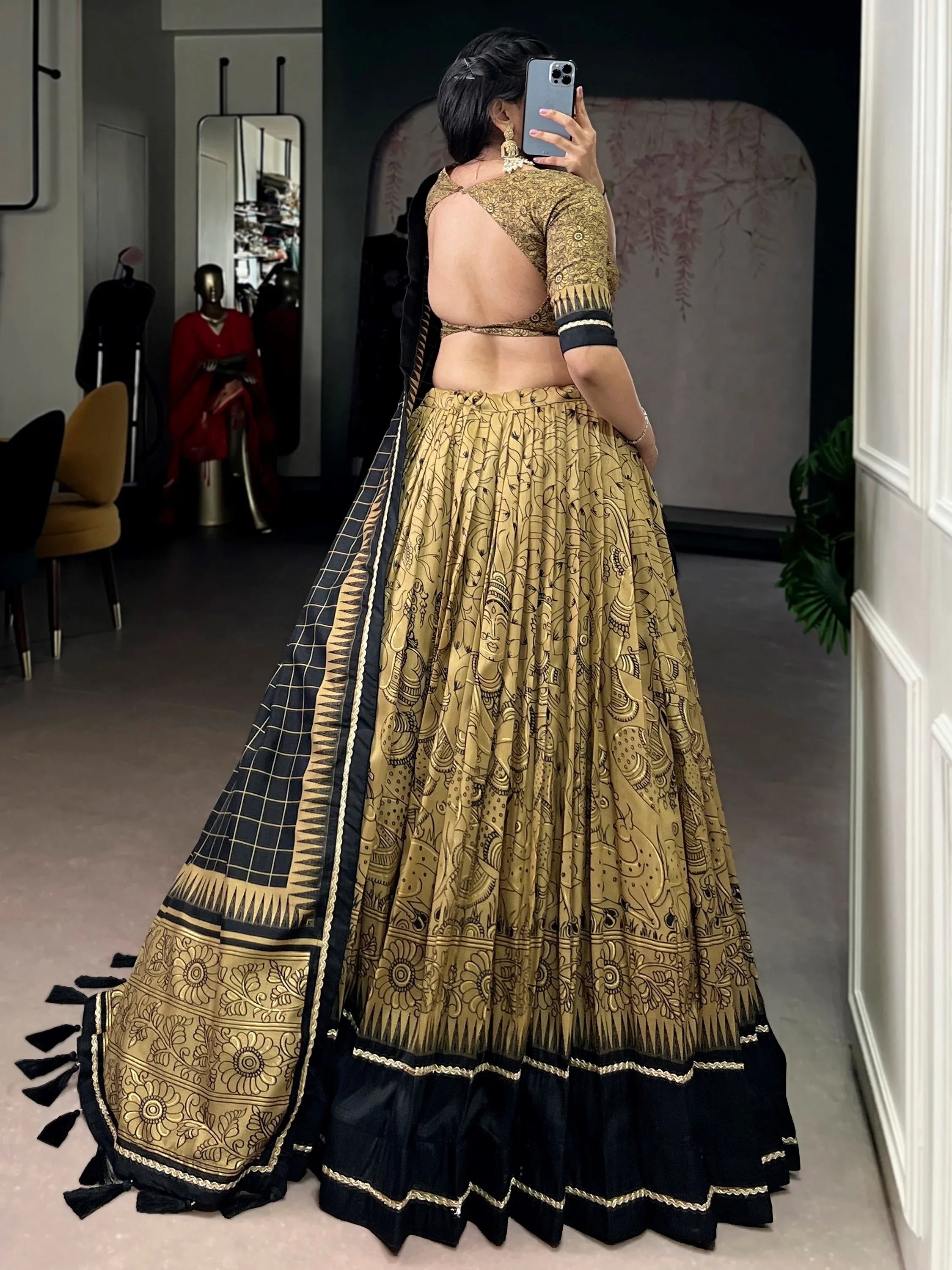 Wonderful Golden Kalamkari Print Tussar Silk Festive Wear Lehenga Choli