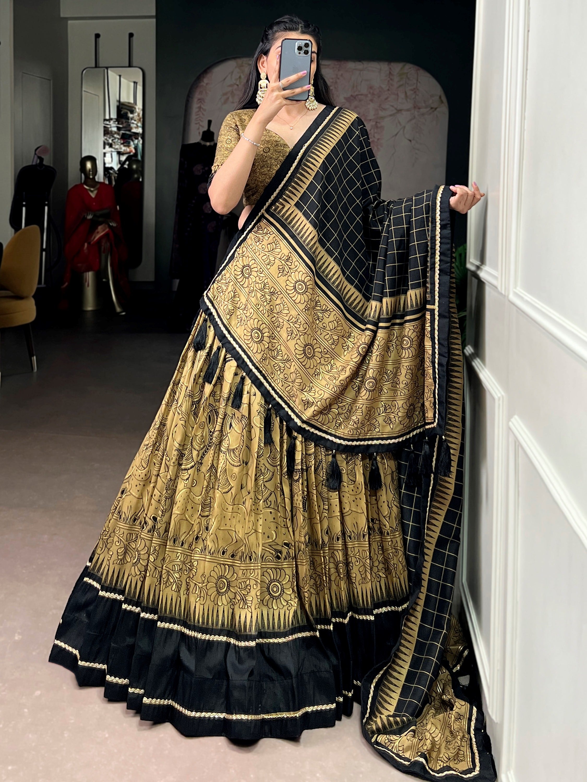 Wonderful Golden Kalamkari Print Tussar Silk Festive Wear Lehenga Choli