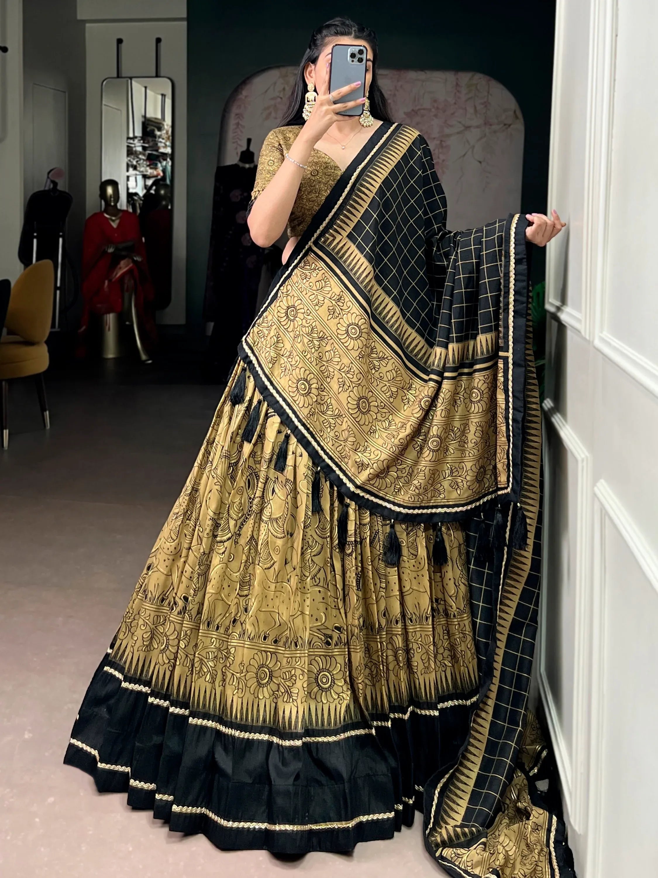 Wonderful Golden Kalamkari Print Tussar Silk Festive Wear Lehenga Choli
