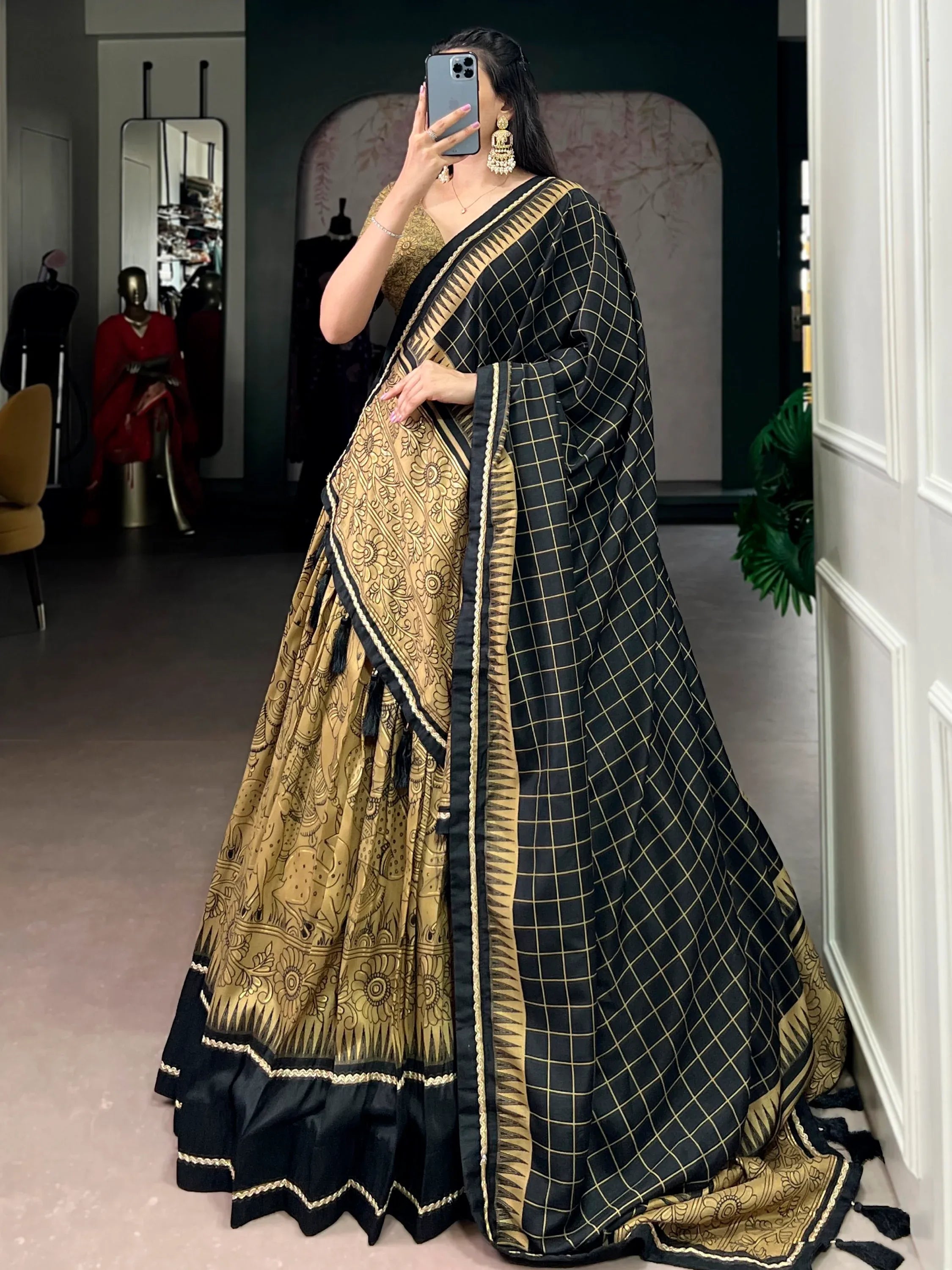 Wonderful Golden Kalamkari Print Tussar Silk Festive Wear Lehenga Choli