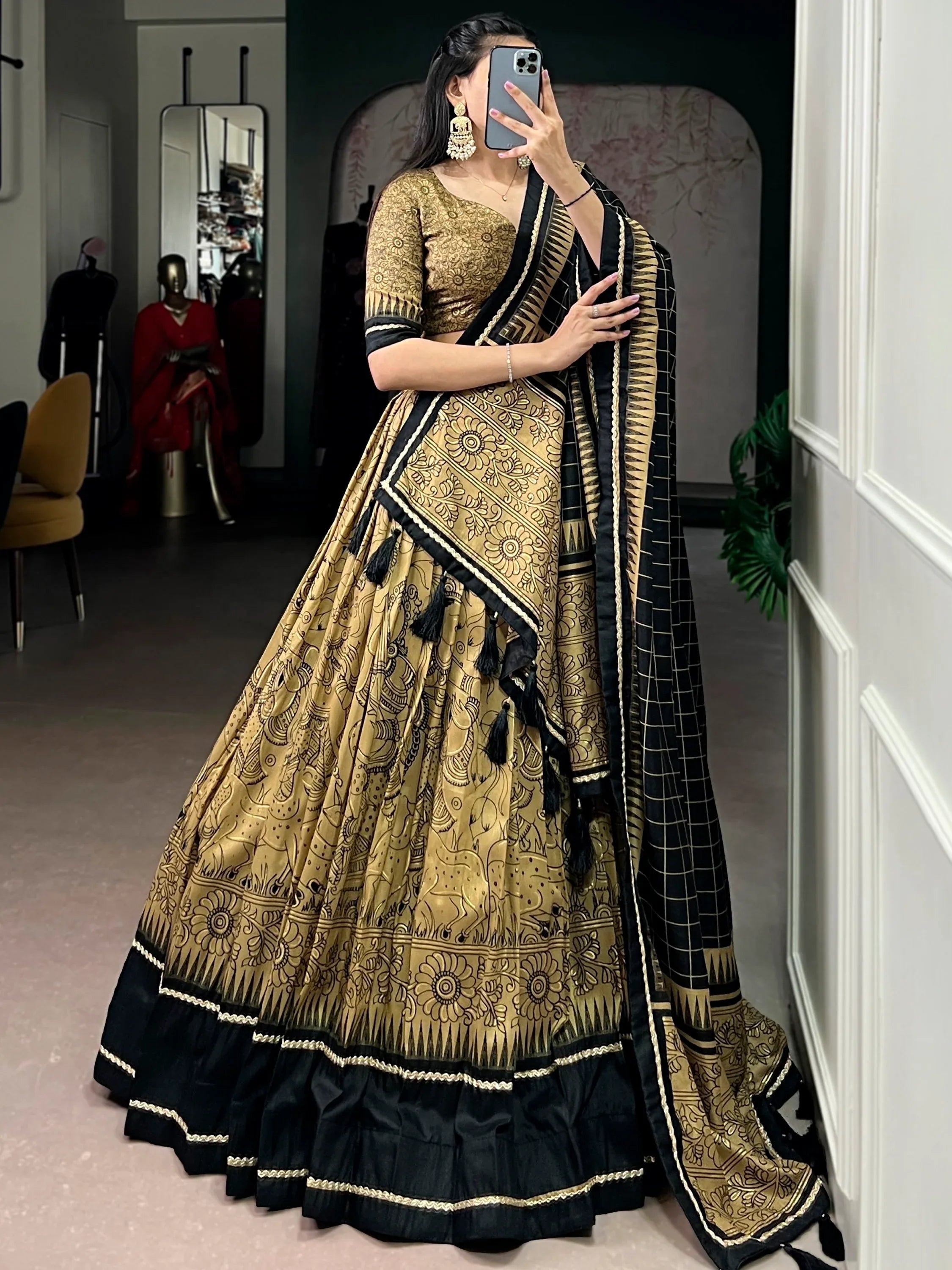 Wonderful Golden Kalamkari Print Tussar Silk Festive Wear Lehenga Choli