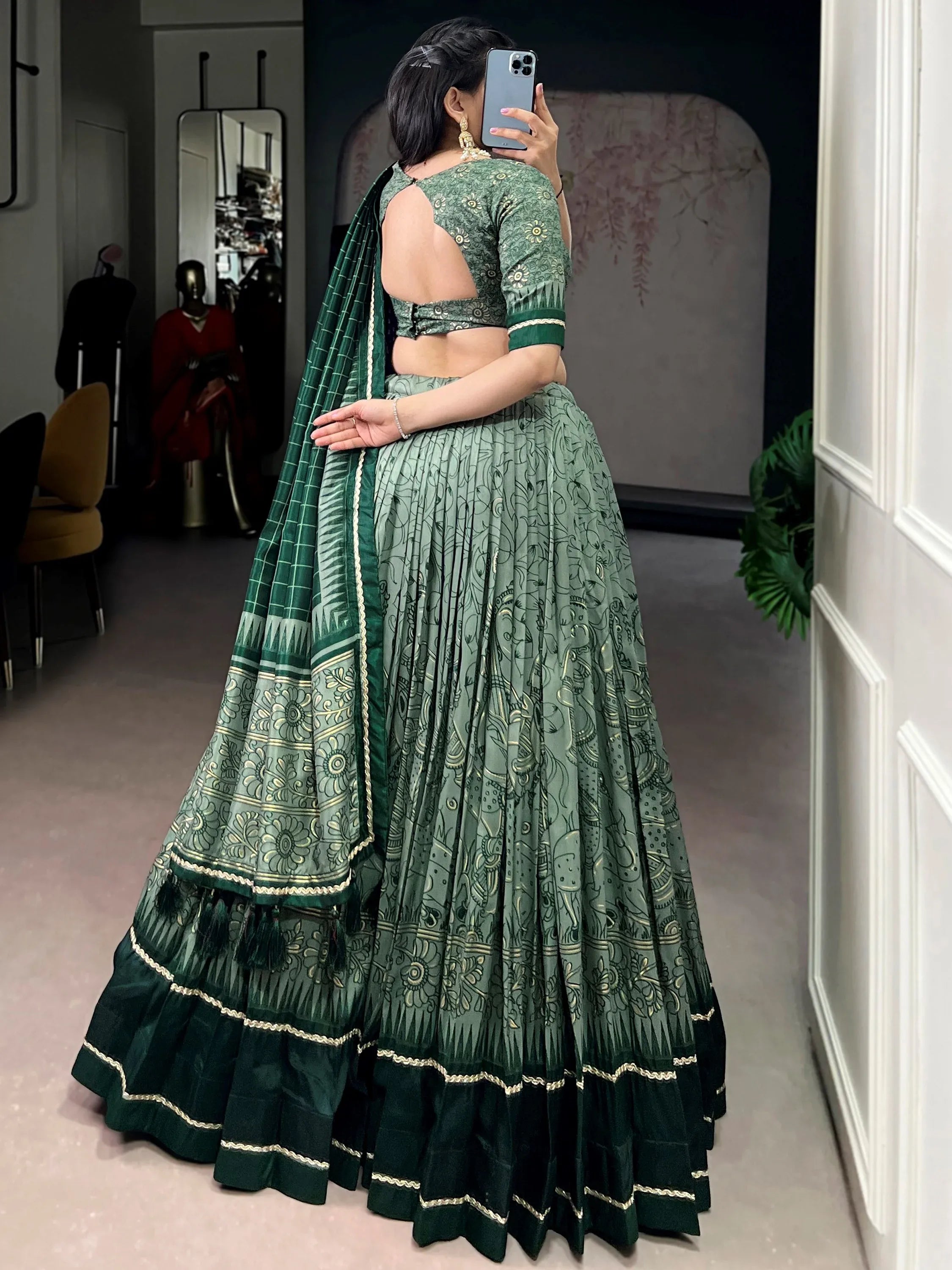 Fascinated Green Kalamkari Print Tussar Silk Event Wear Lehenga Choli