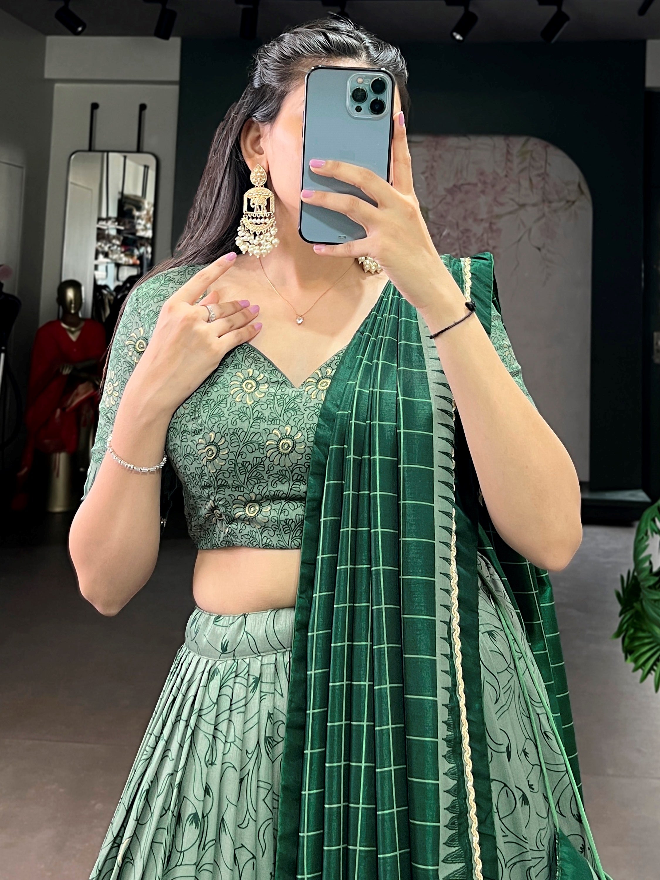 Fascinated Green Kalamkari Print Tussar Silk Event Wear Lehenga Choli