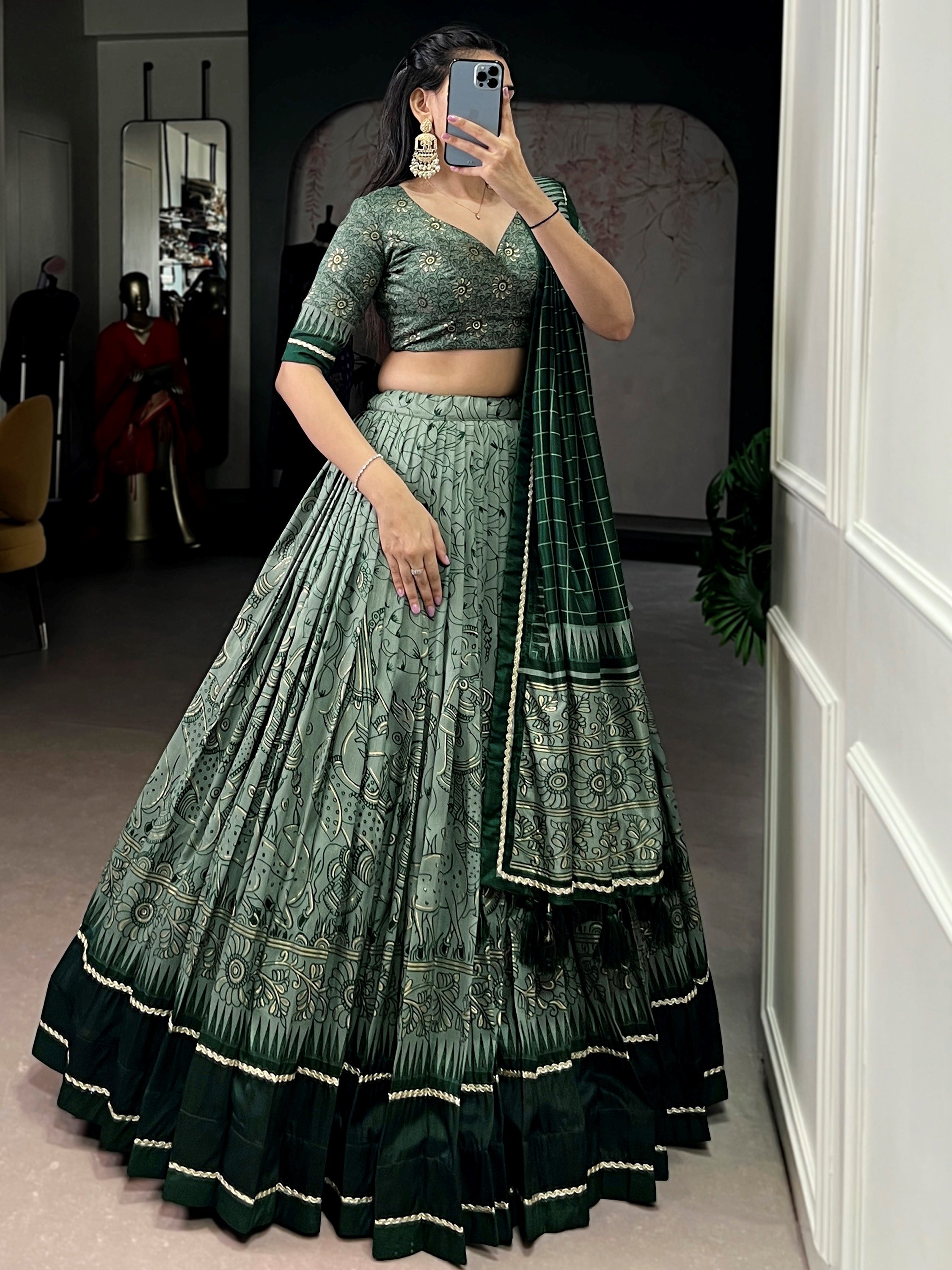 Fascinated Green Kalamkari Print Tussar Silk Event Wear Lehenga Choli