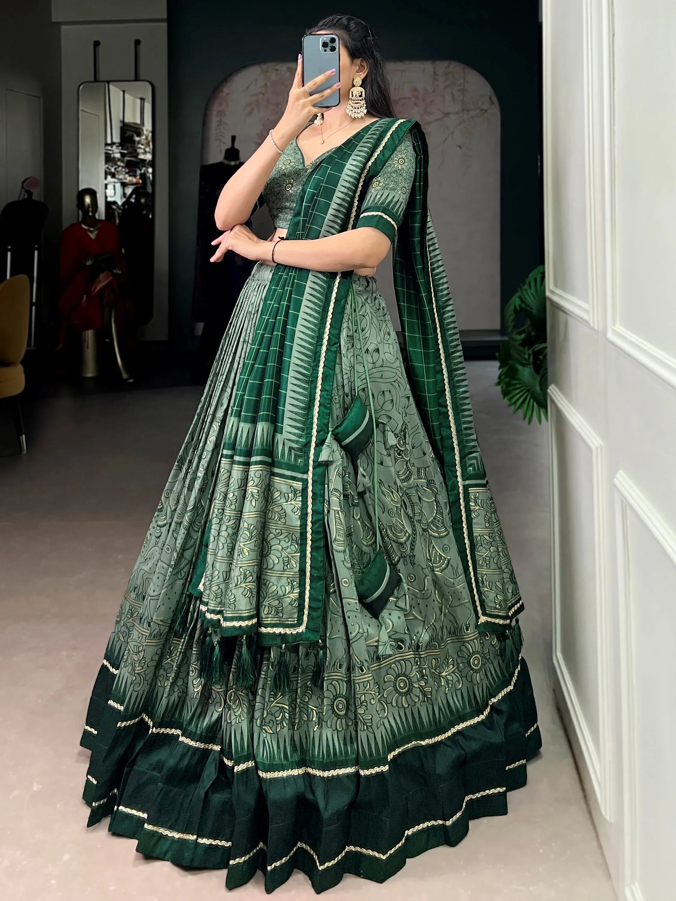 Fascinated Green Kalamkari Print Tussar Silk Event Wear Lehenga Choli