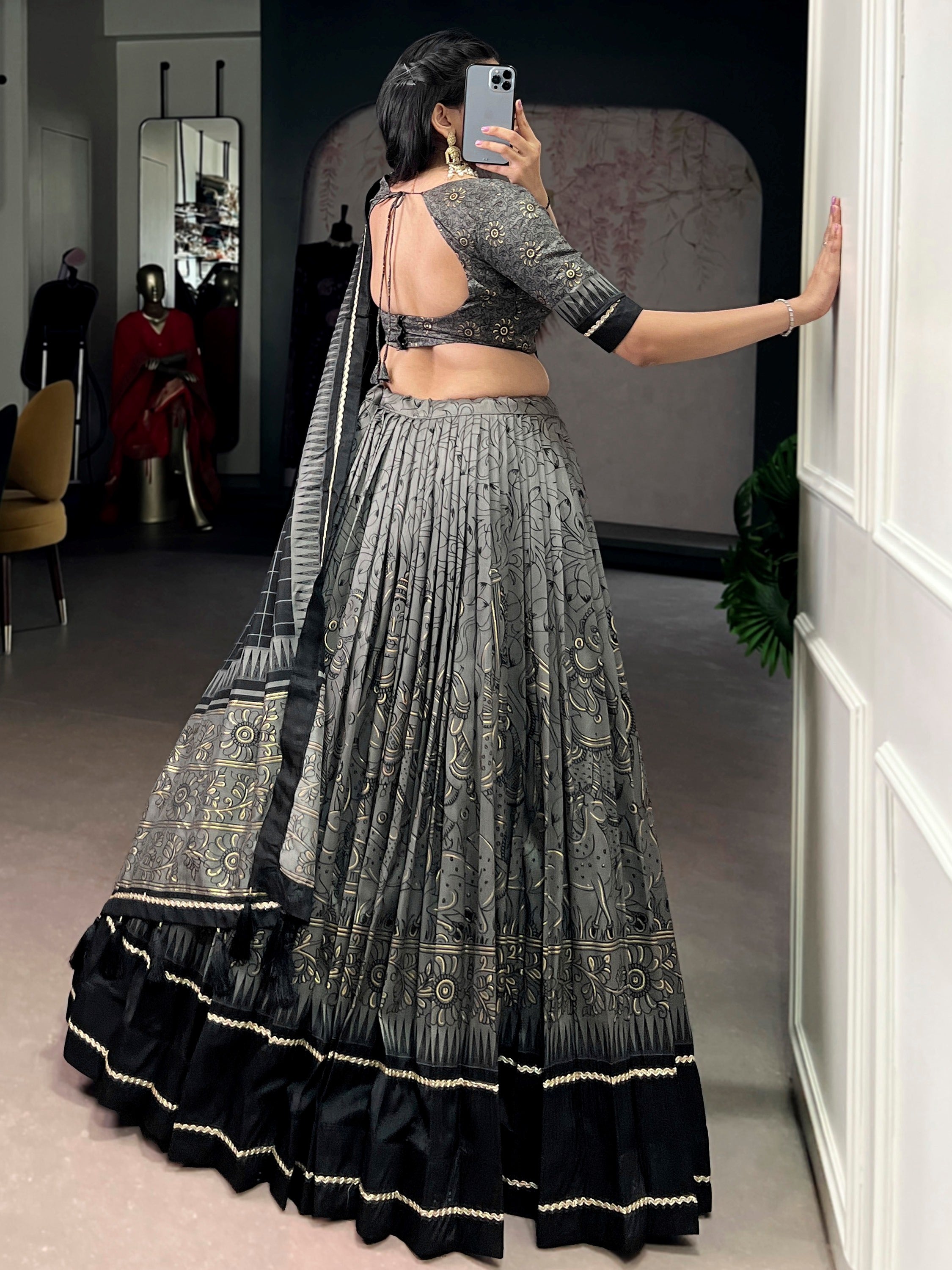 Bewitching Grey Kalamkari Print Tussar Silk Marriage Wear Lehenga Choli