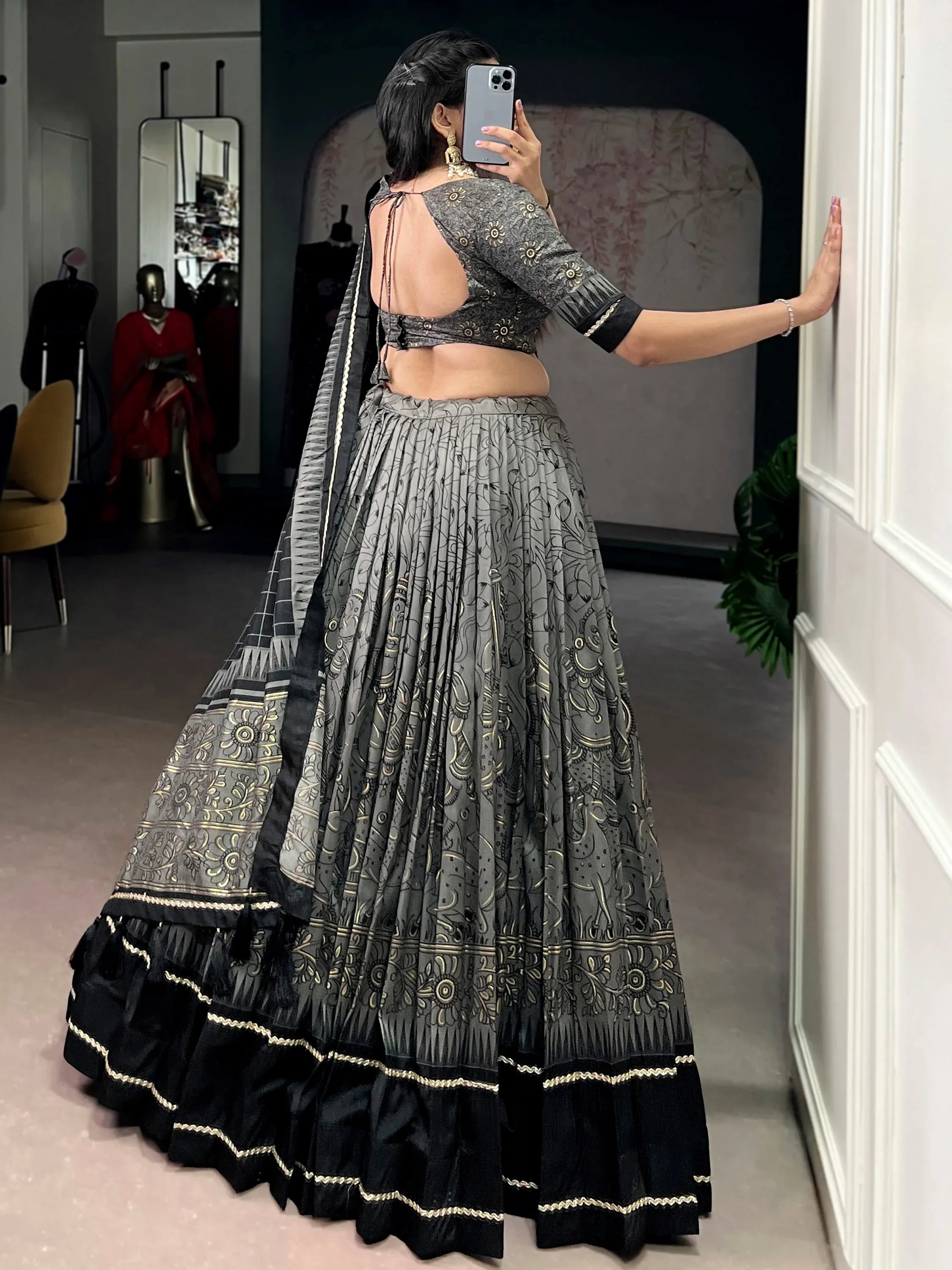 Bewitching Grey Kalamkari Print Tussar Silk Marriage Wear Lehenga Choli