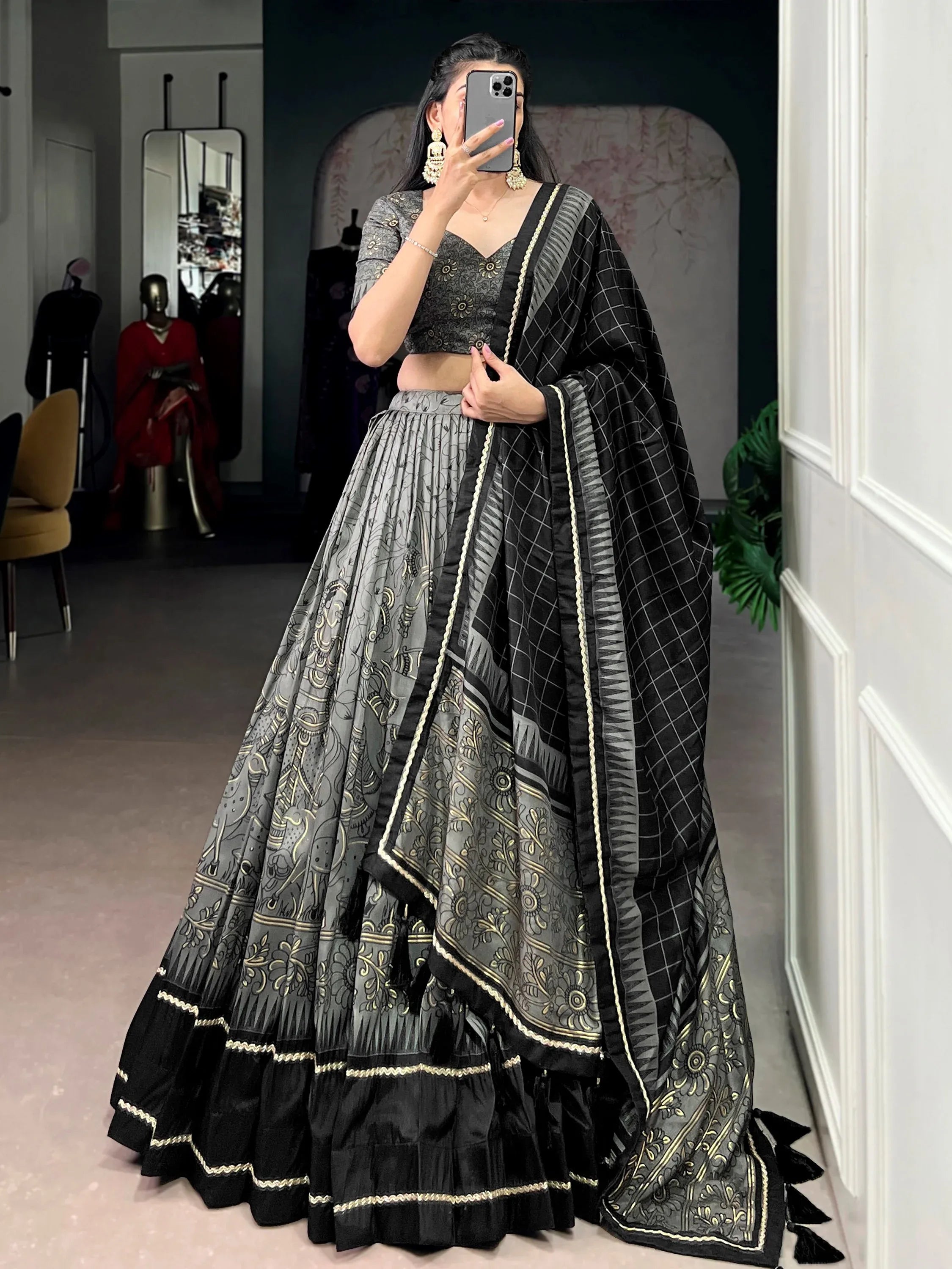 Bewitching Grey Kalamkari Print Tussar Silk Marriage Wear Lehenga Choli