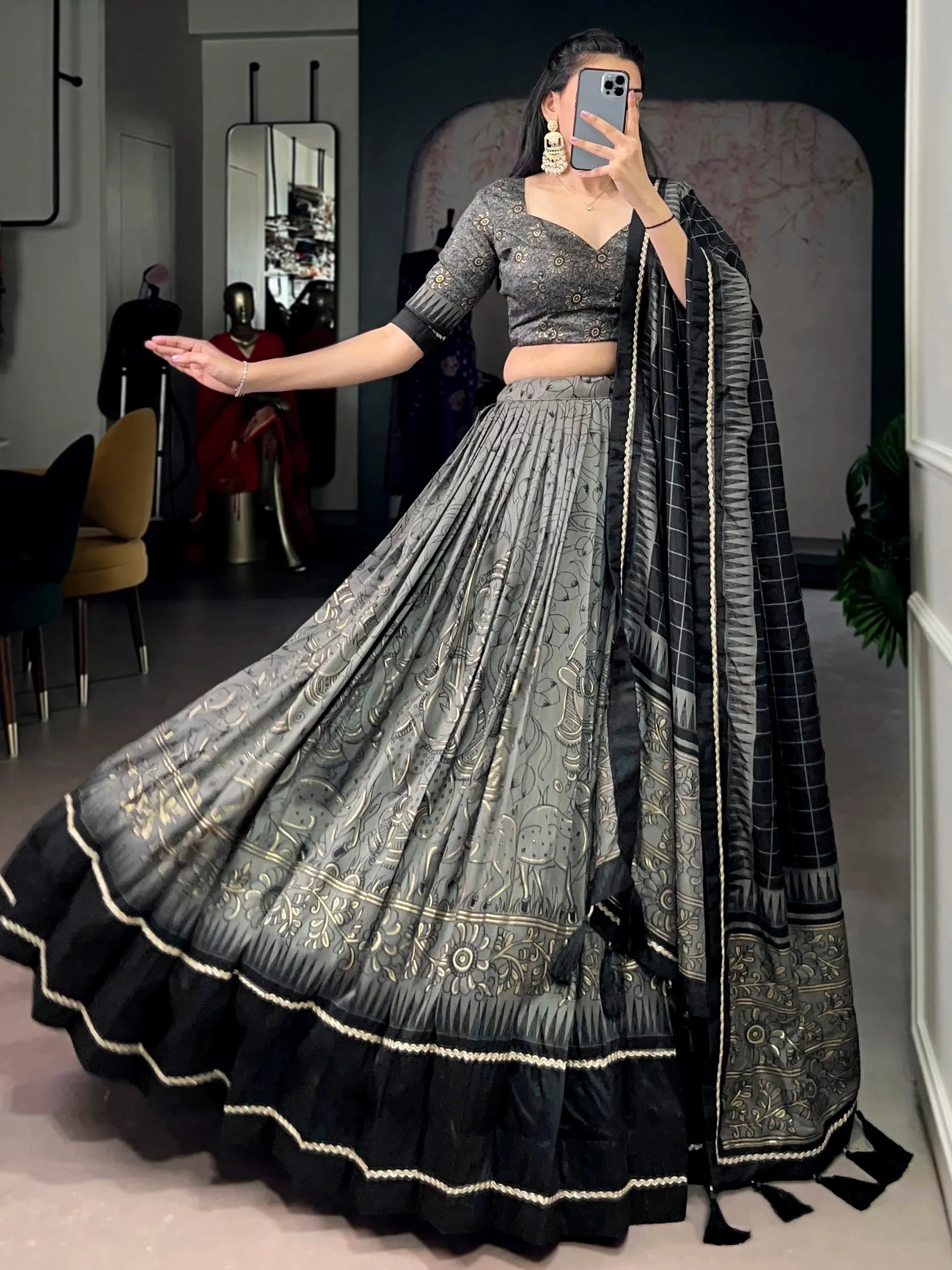 Bewitching Grey Kalamkari Print Tussar Silk Marriage Wear Lehenga Choli