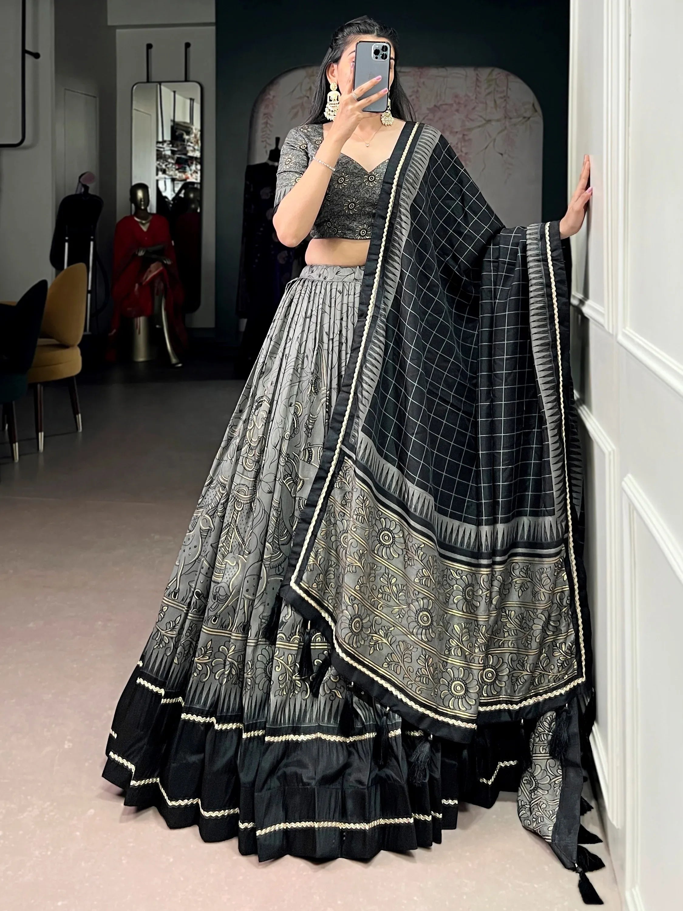 Bewitching Grey Kalamkari Print Tussar Silk Marriage Wear Lehenga Choli