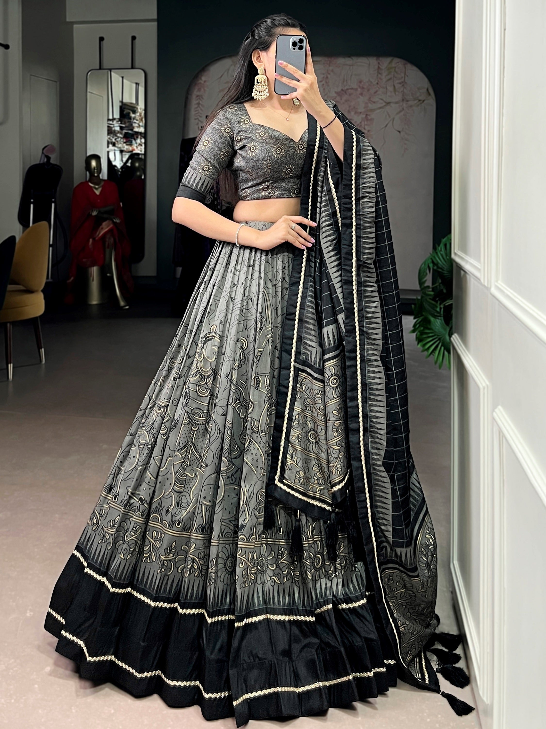 Bewitching Grey Kalamkari Print Tussar Silk Marriage Wear Lehenga Choli