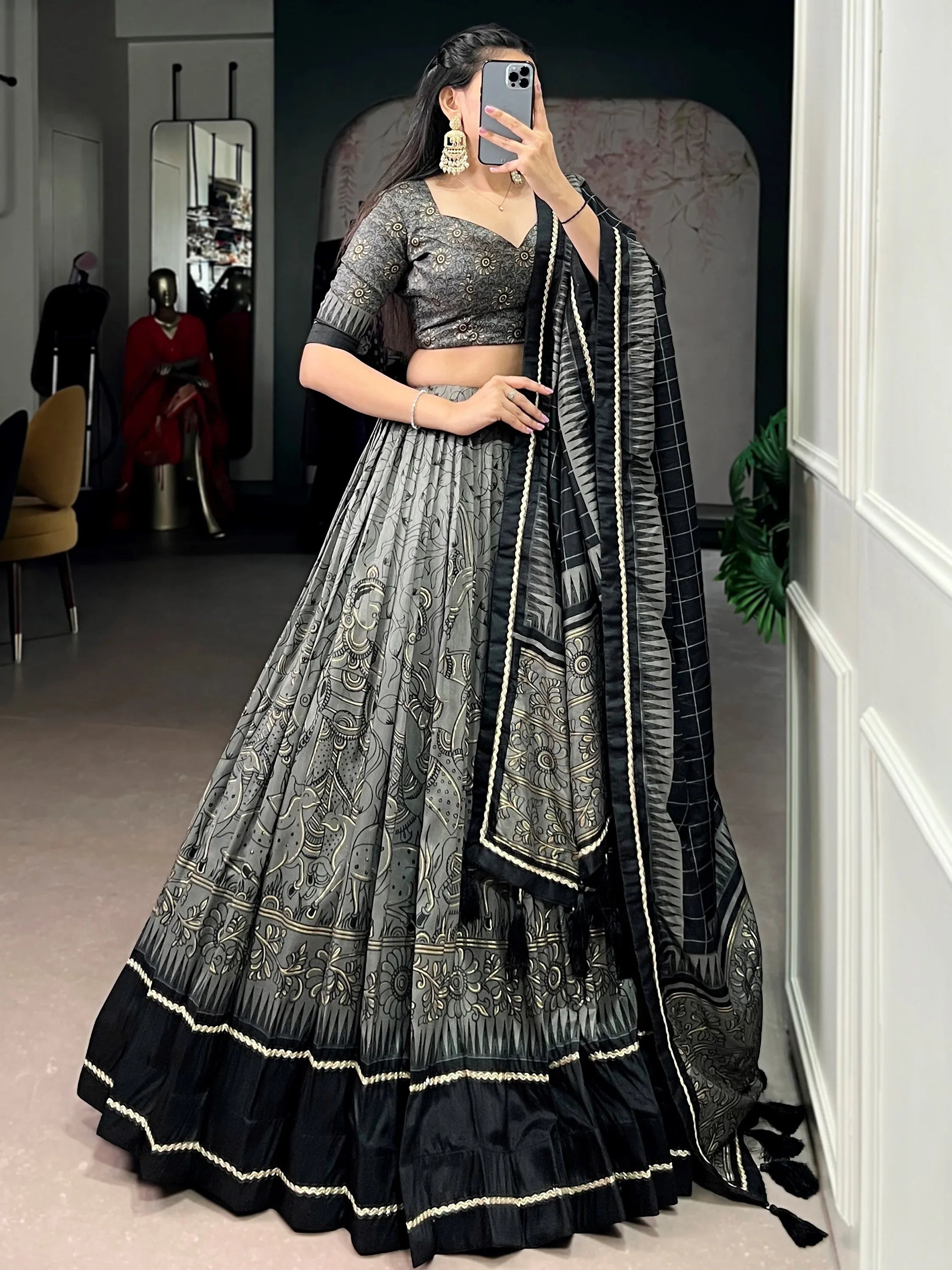 Bewitching Grey Kalamkari Print Tussar Silk Marriage Wear Lehenga Choli
