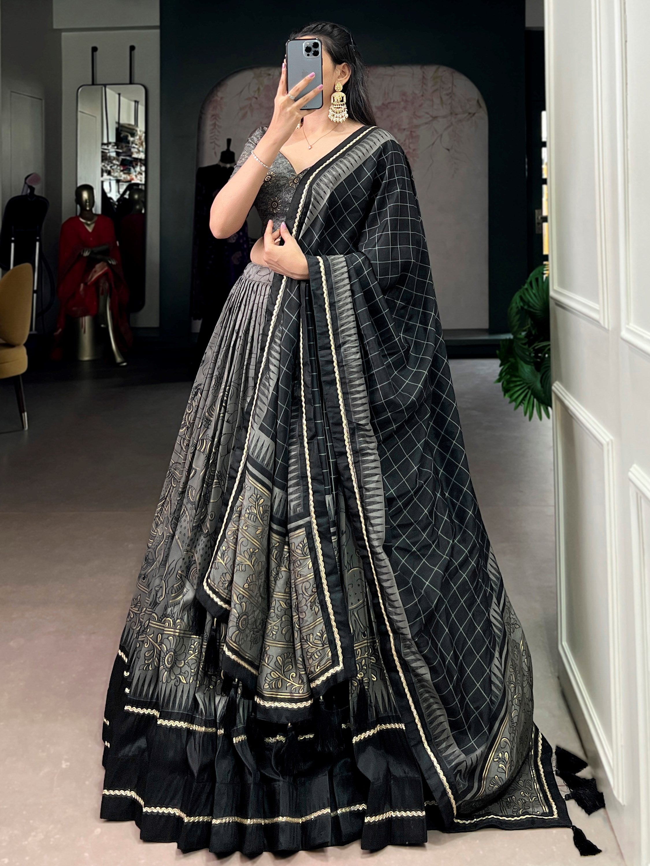 Bewitching Grey Kalamkari Print Tussar Silk Marriage Wear Lehenga Choli
