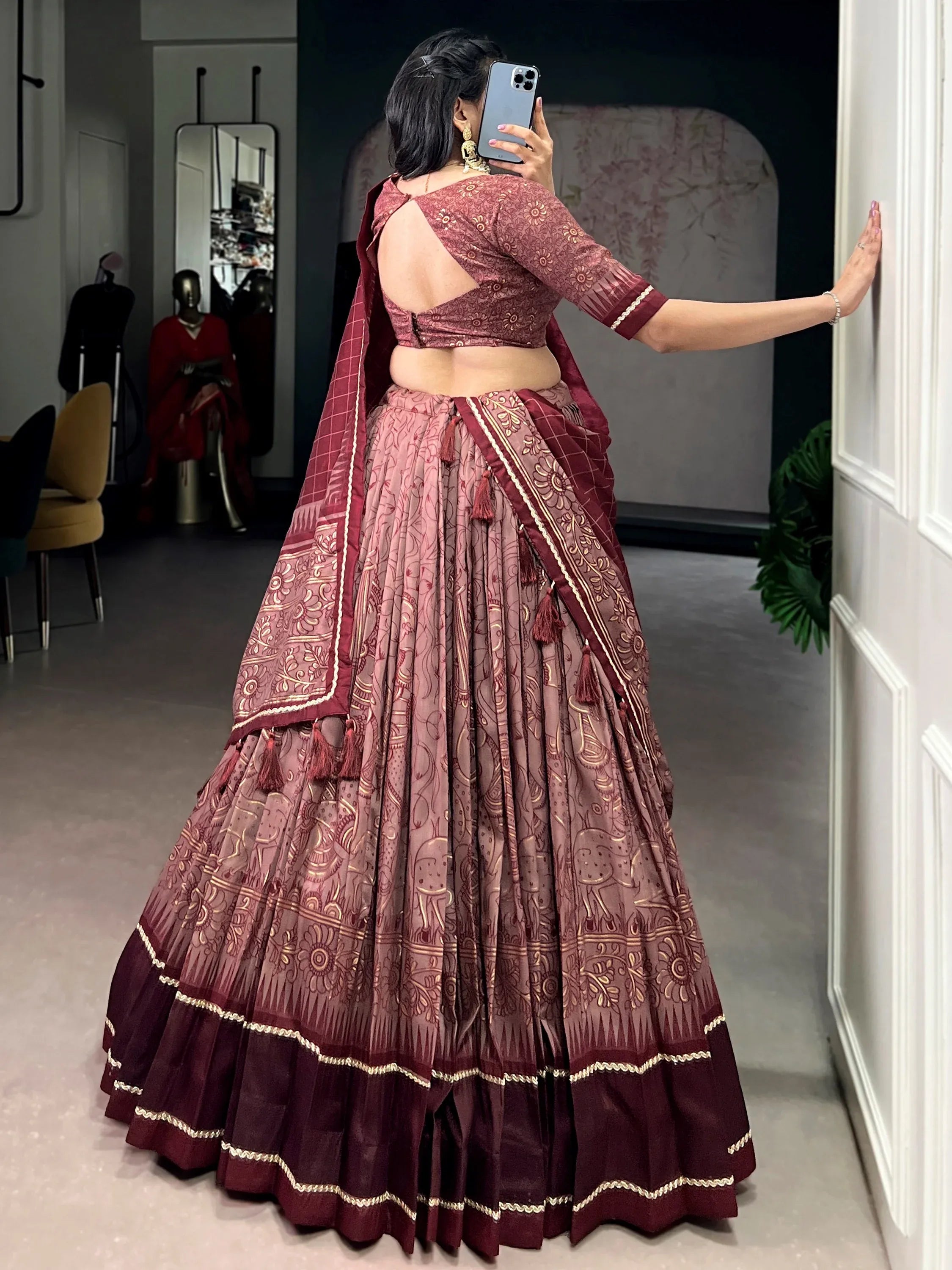 Mesmerizing Maroon Kalamkari Print Tussar Silk Wedding Wear Lehenga Choli