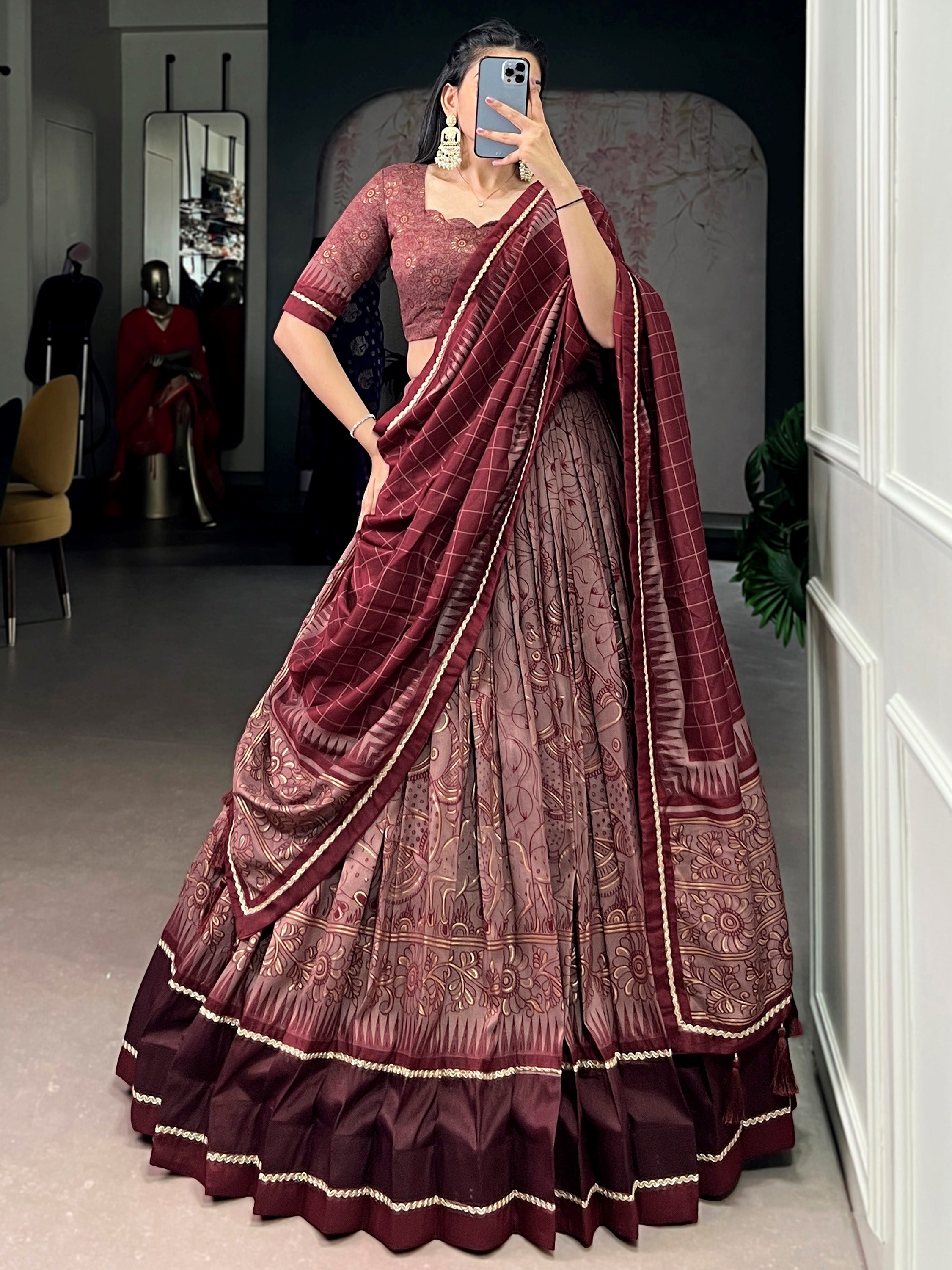 Mesmerizing Maroon Kalamkari Print Tussar Silk Wedding Wear Lehenga Choli