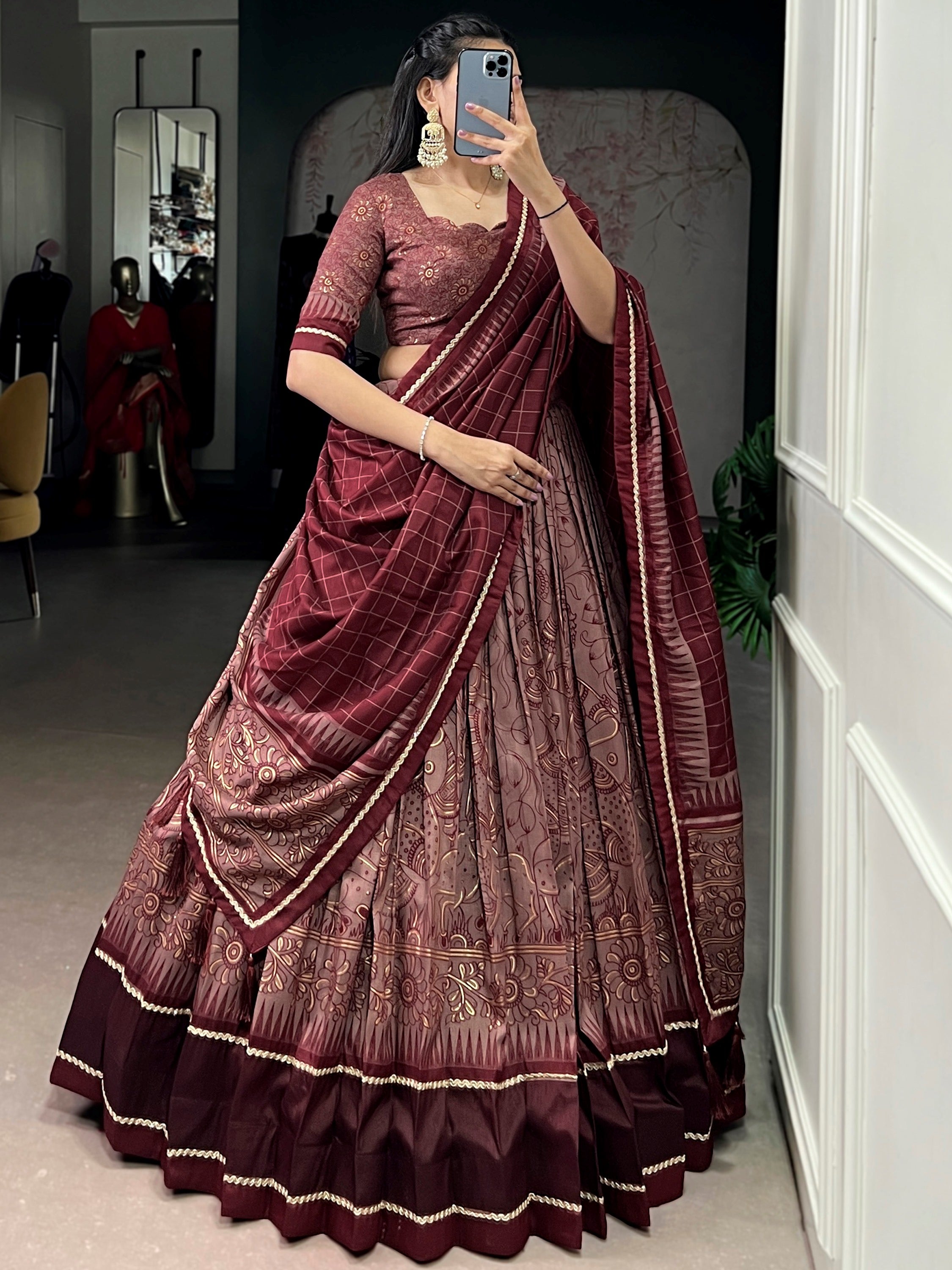 Mesmerizing Maroon Kalamkari Print Tussar Silk Wedding Wear Lehenga Choli
