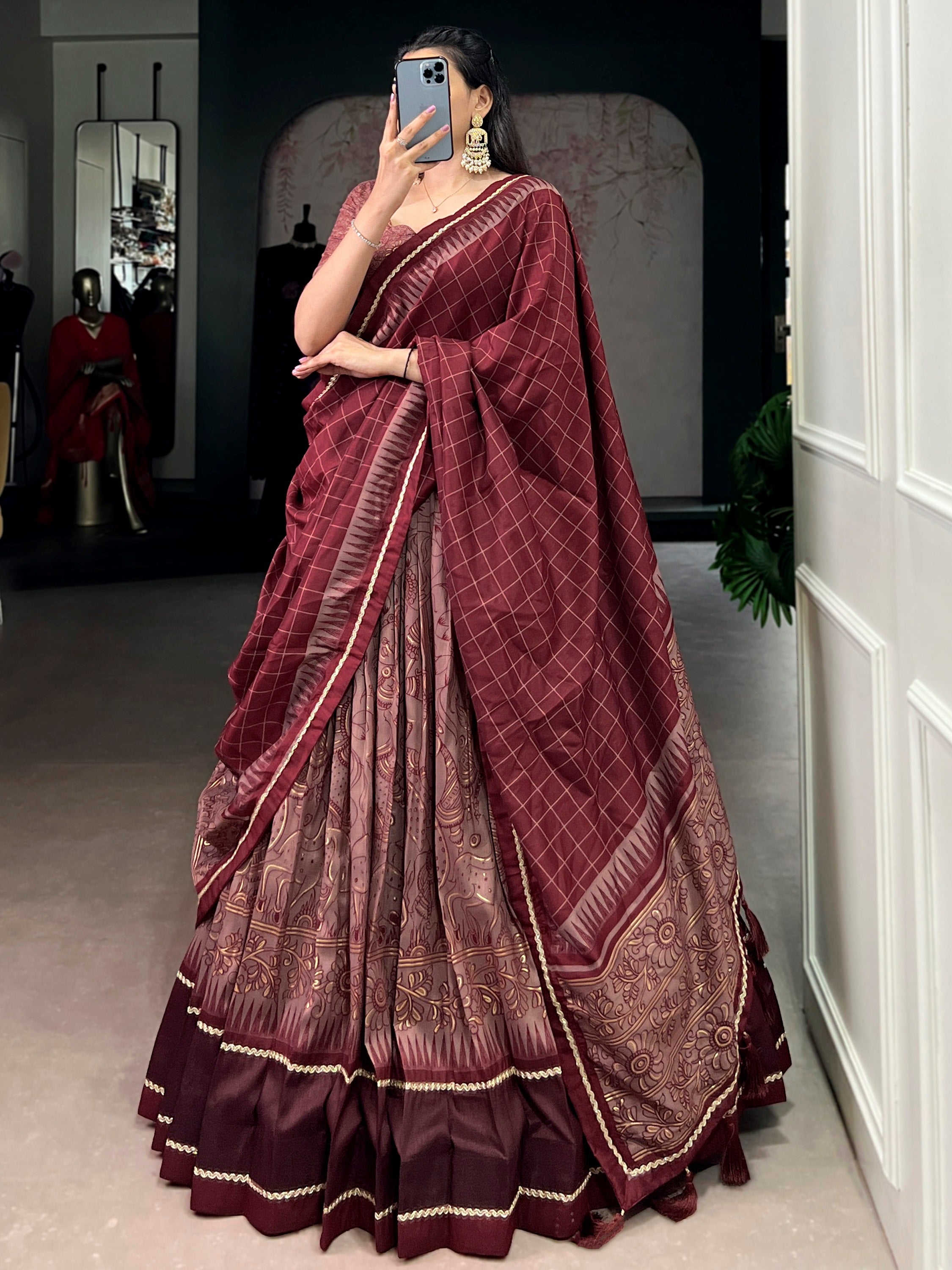 Mesmerizing Maroon Kalamkari Print Tussar Silk Wedding Wear Lehenga Choli