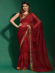 Captivating Red Sequins Border Chiffon Festive Wear Saree With Blouse