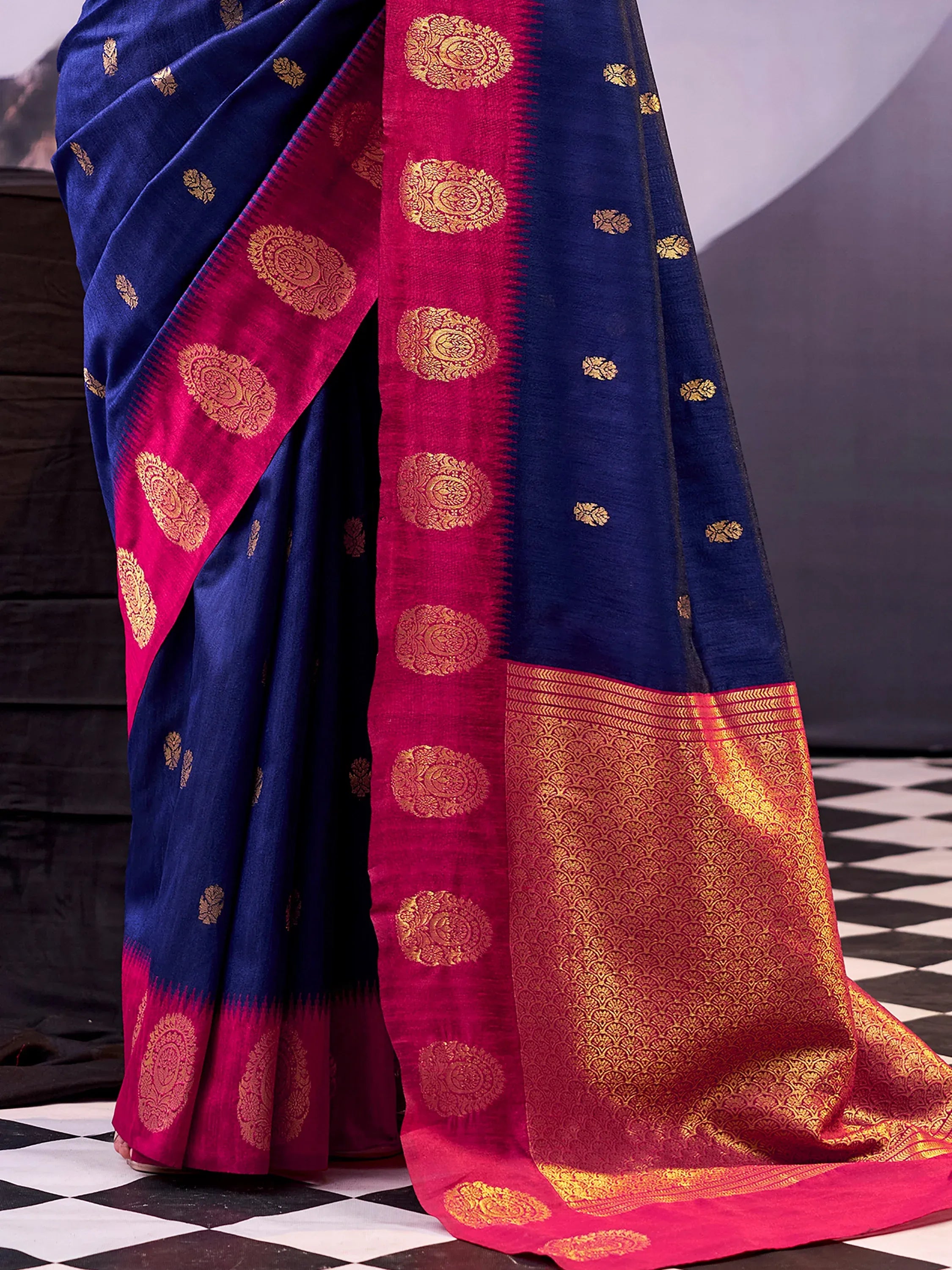 Awesome Navy Blue Zari Weaving Cotton Marriage Wear Saree With Blouse