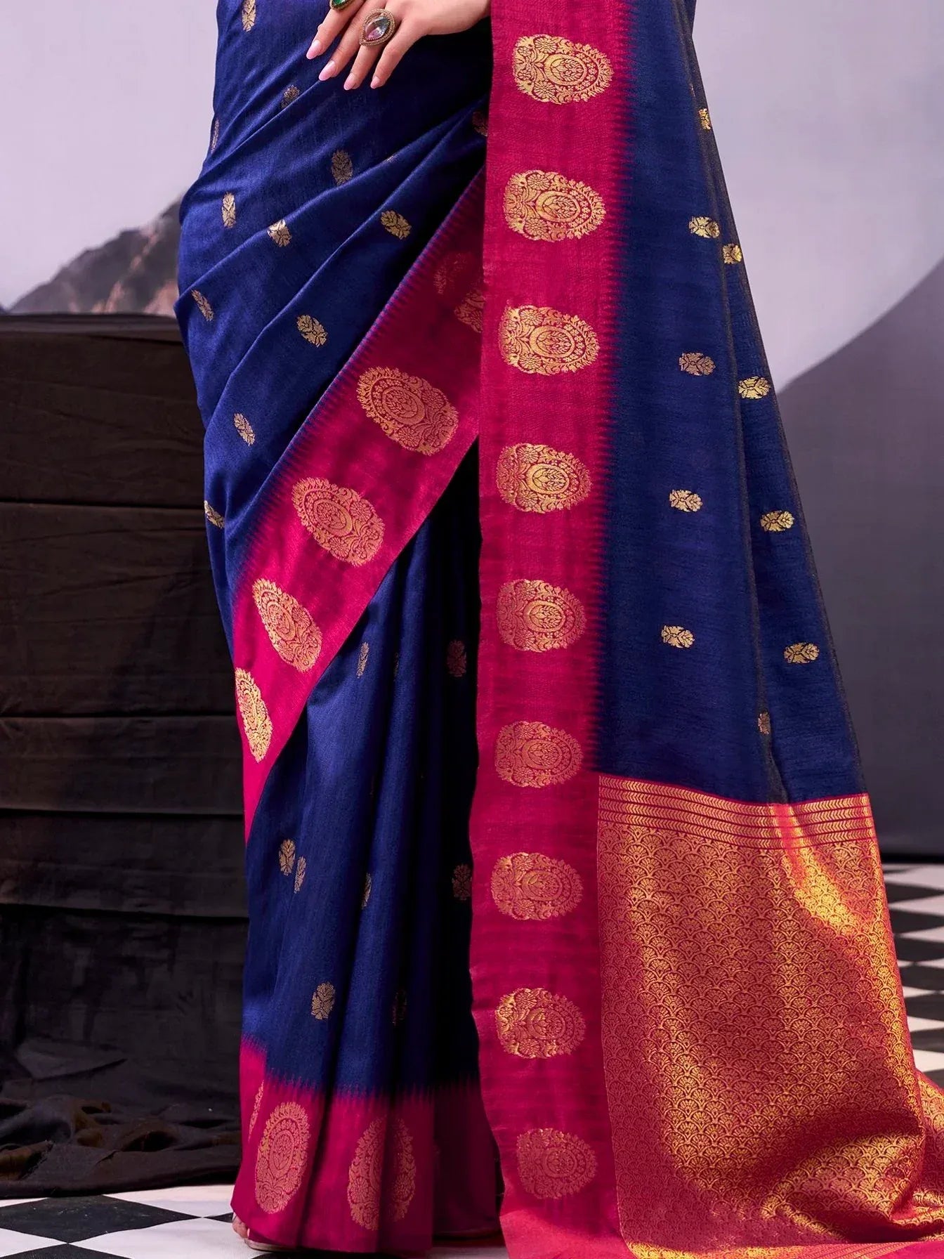 Awesome Navy Blue Zari Weaving Cotton Marriage Wear Saree With Blouse