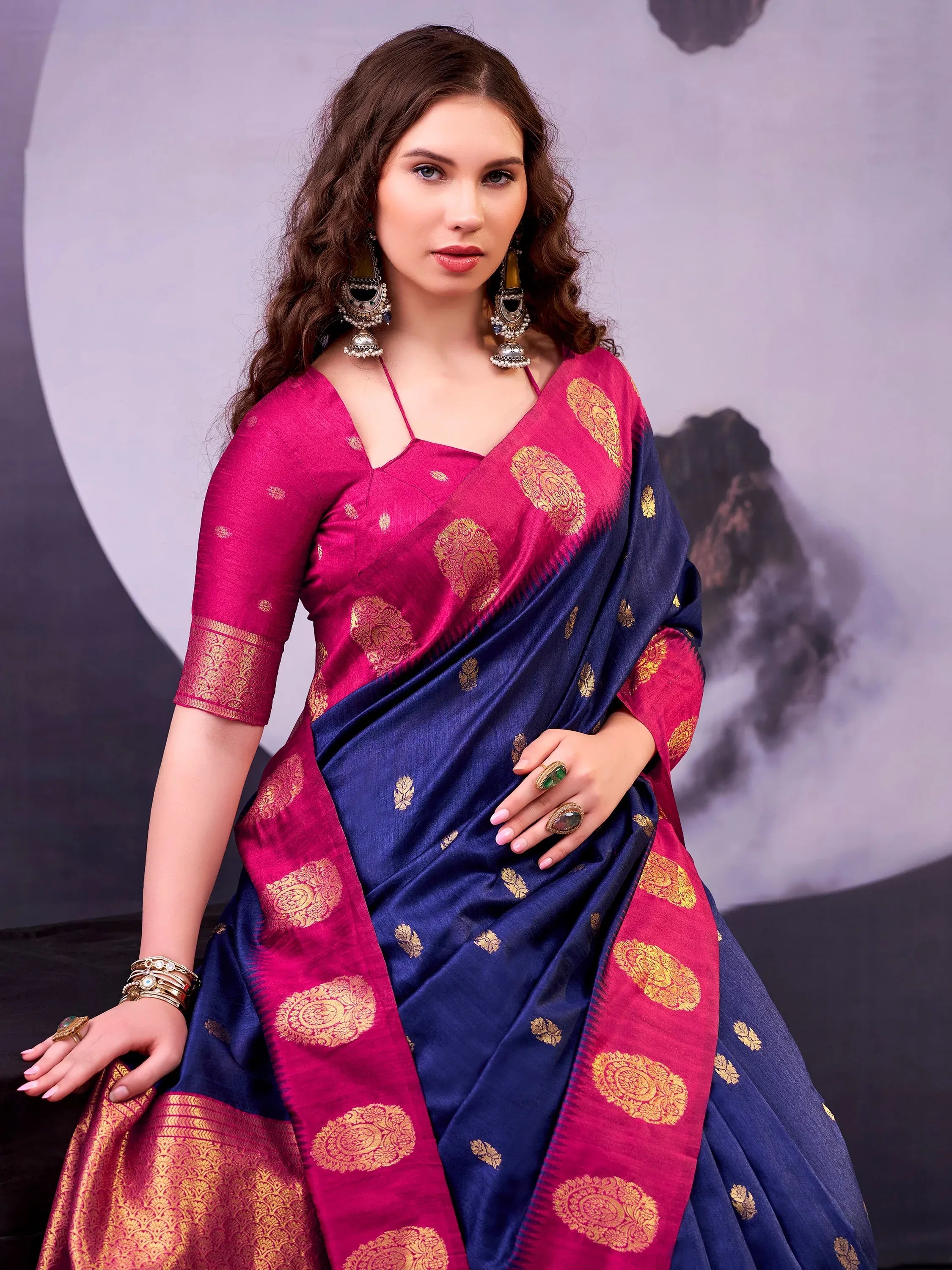 Awesome Navy Blue Zari Weaving Cotton Marriage Wear Saree With Blouse