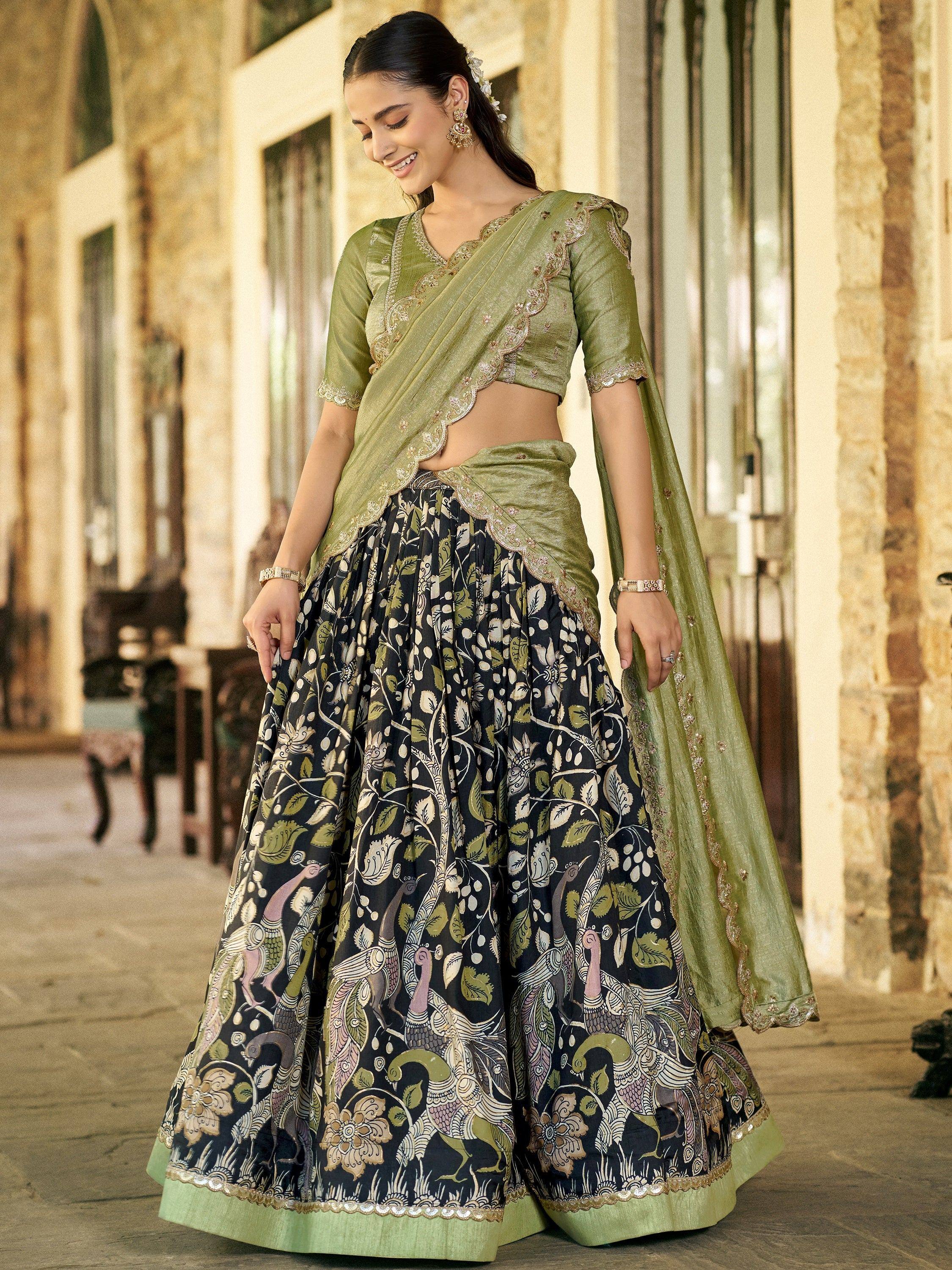 Glamorous Black Kalamkari Print Silk Festive Wear Half Saree Lehenga