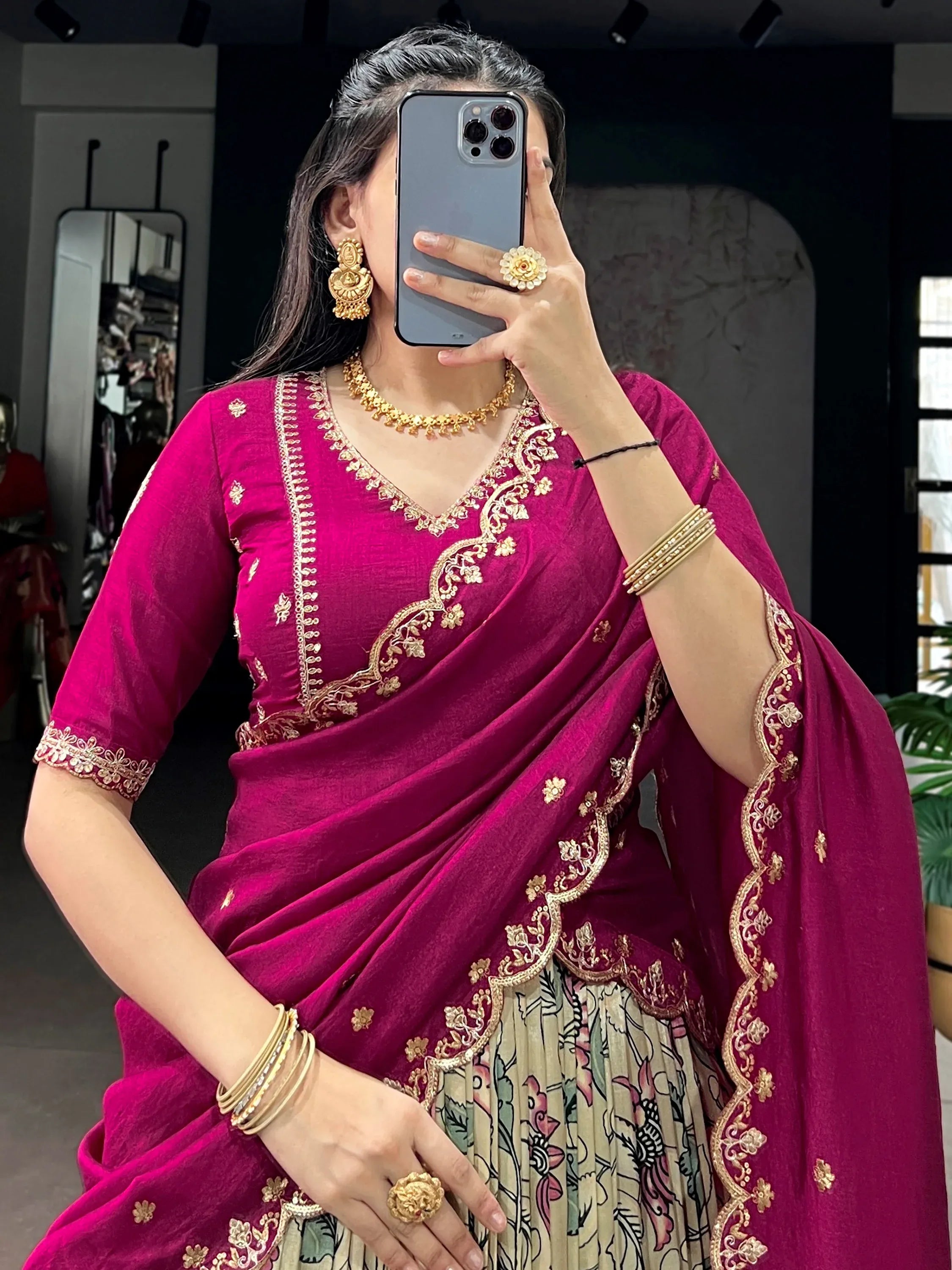 Beautiful Cream Kalamkari Printed Silk Event Wear Half Saree Lehenga