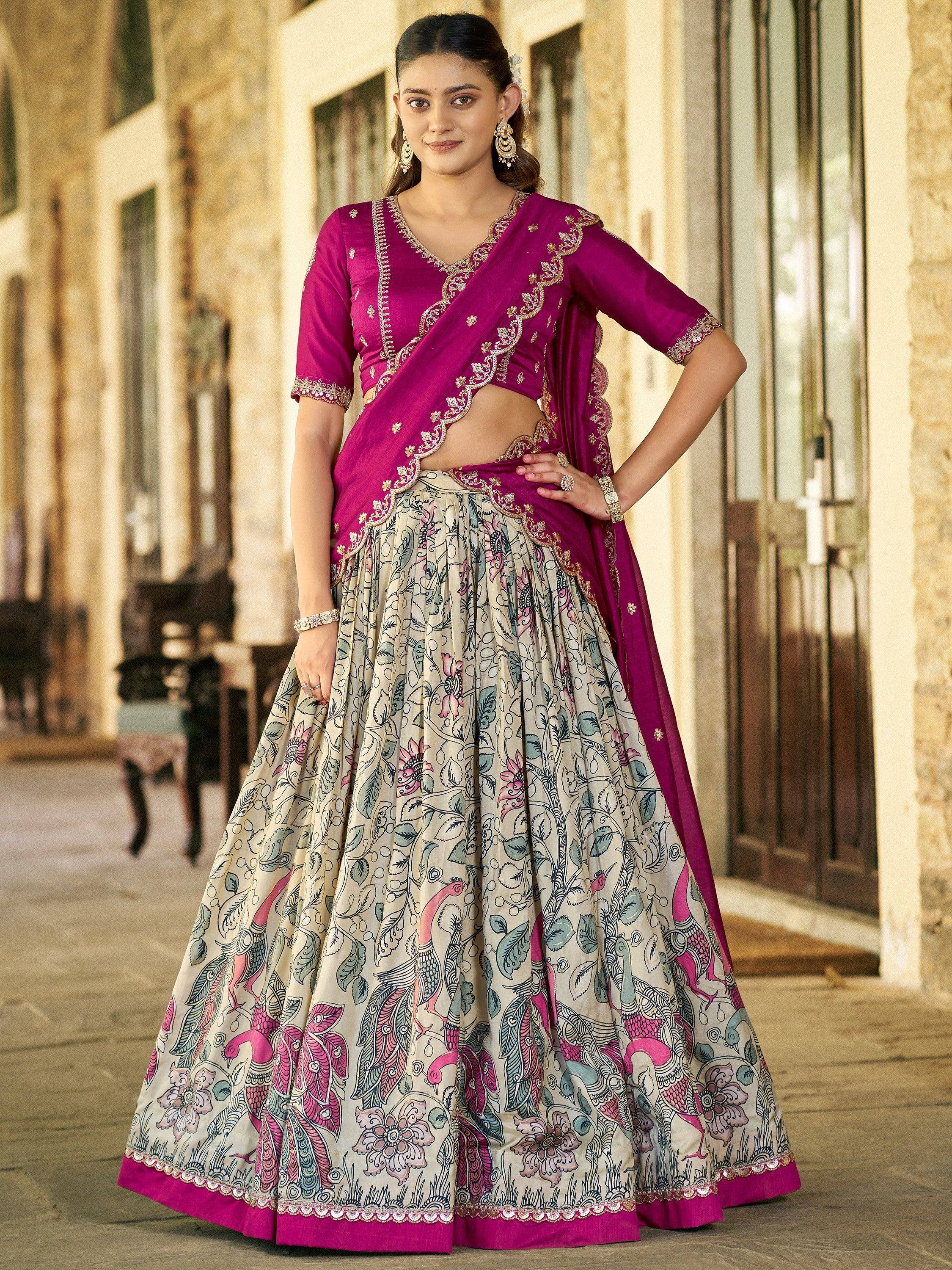 Fantastic Cream Kalamkari Print Silk Event Wear Half Saree Lehenga